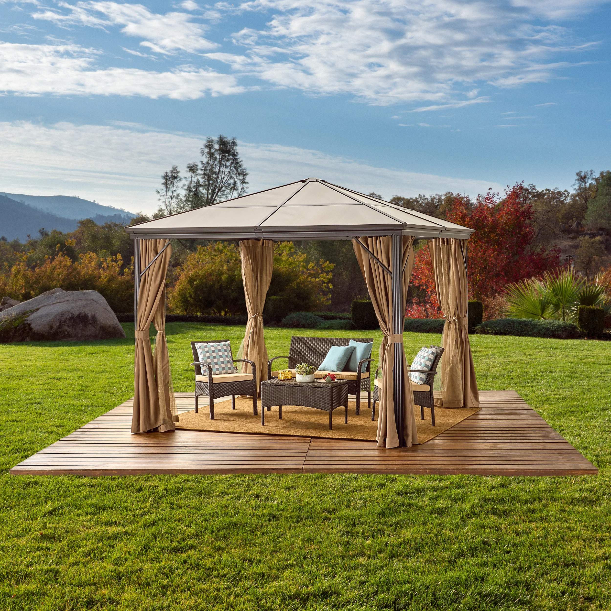 Bali Outdoor 10 x 10 Foot Aluminum Framed Hardtop Gazebo with Curtains - furnishings