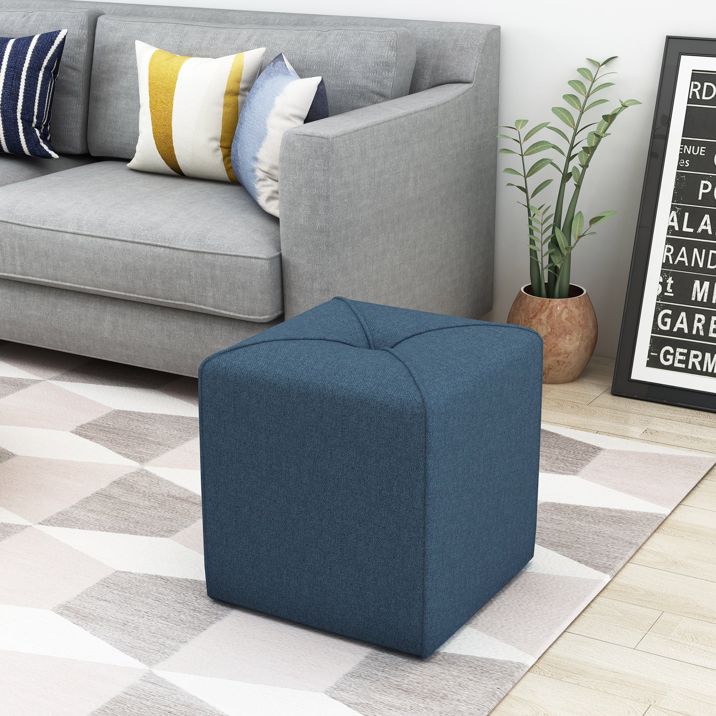 Tammy Modern Fabric Upholstered Square Ottoman with Tonal Piping - furnishings