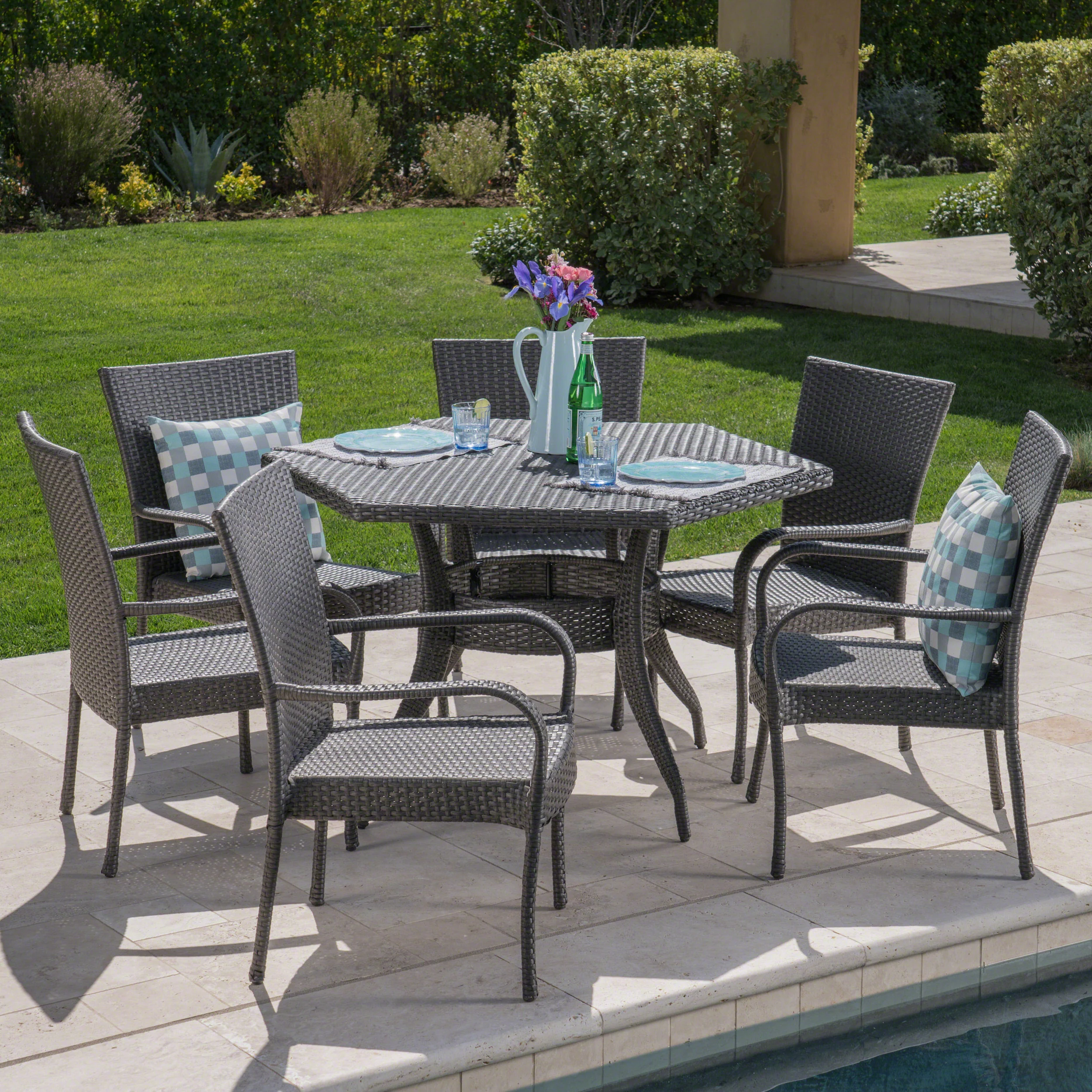 Basil Outdoor 7 Piece Wicker Hexagon Dining Set with Stacking Chairs - furnishings