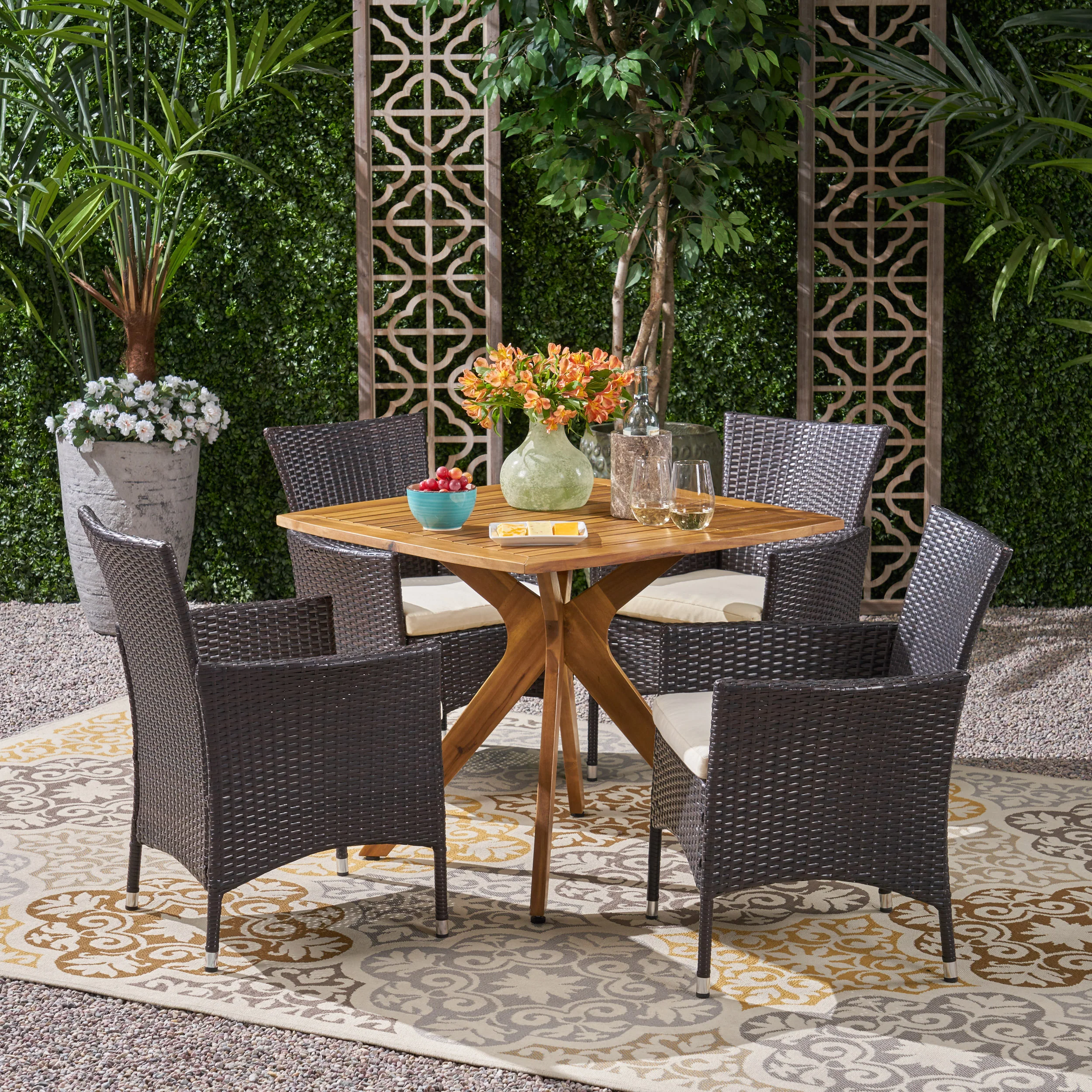 Mai Outdoor 5 Piece Wood and Wicker Dining Set - furnishings