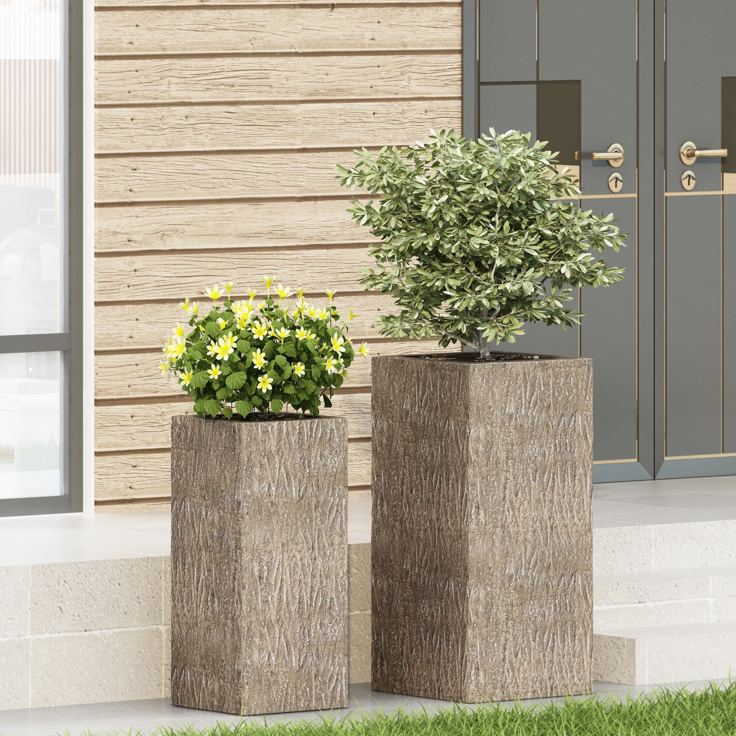 Berkamn Outdoor Medium and Small Cast Stone Planters, Set of 2, Brown Wood - furnishings
