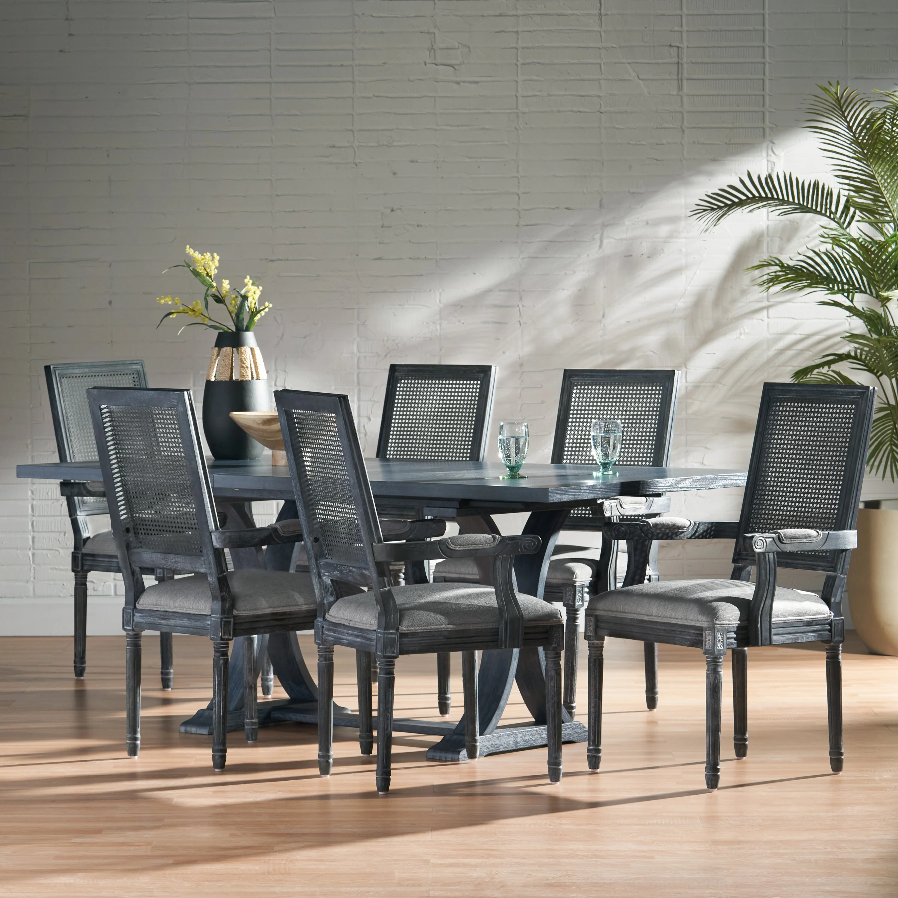 Zentner French Country Fabric Upholstered Wood and Cane 7 Piece Expandable Dining Set - furnishings