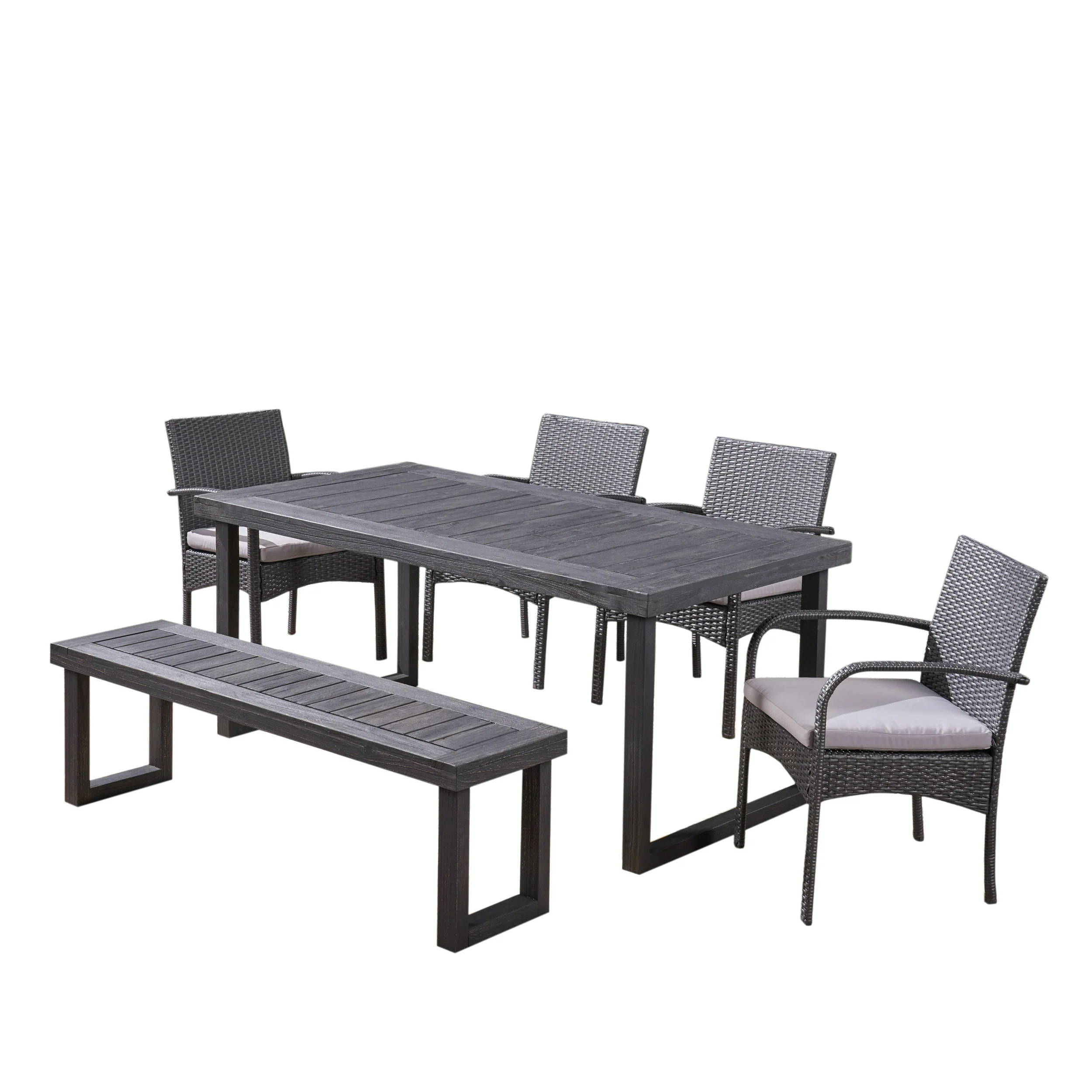Stonecrest Outdoor 6-Seater Wood and Wicker Chair and Bench Dining Set - furnishings