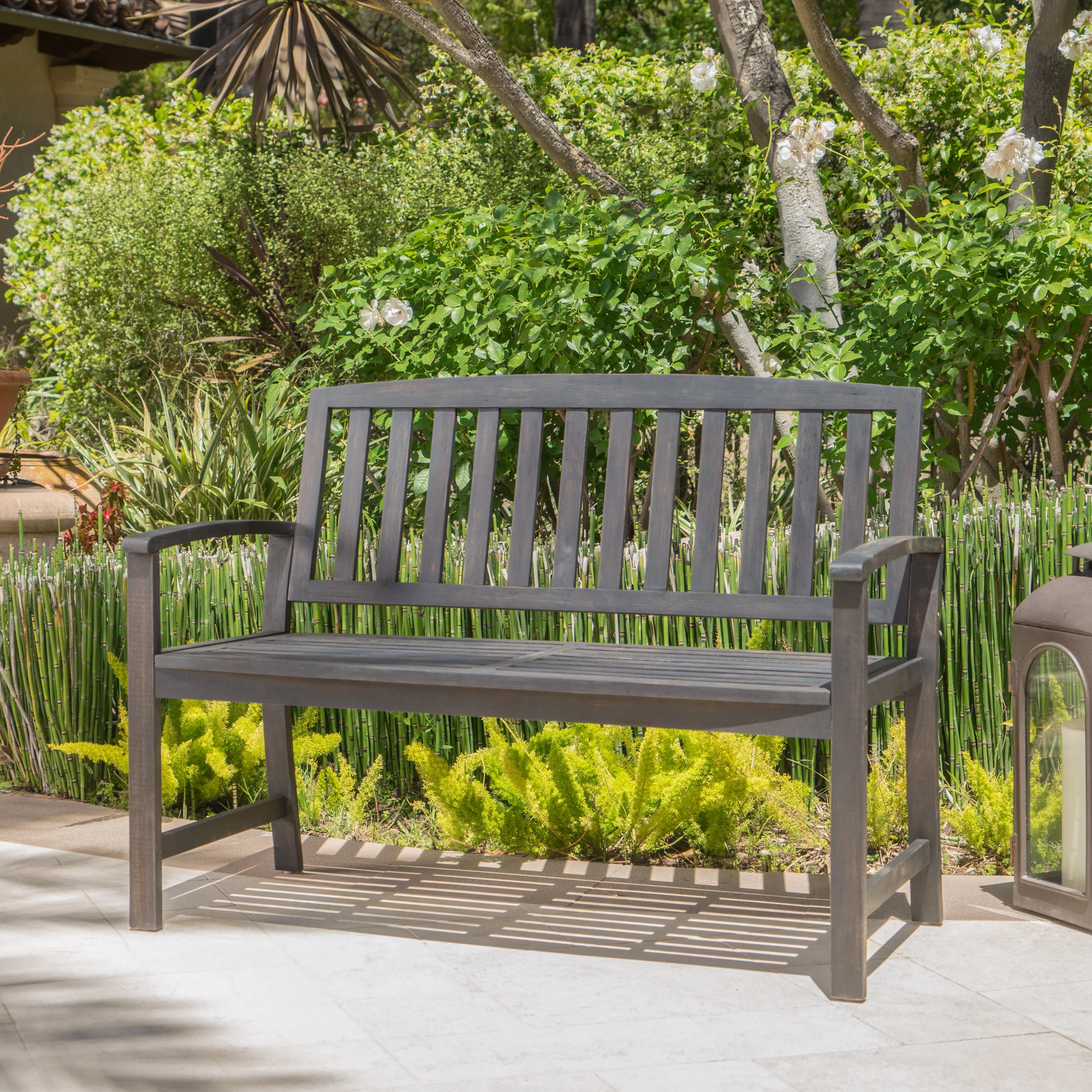 Laguna Outdoor Rustic Acacia Wood Bench with Open Slat Backrest - furnishings