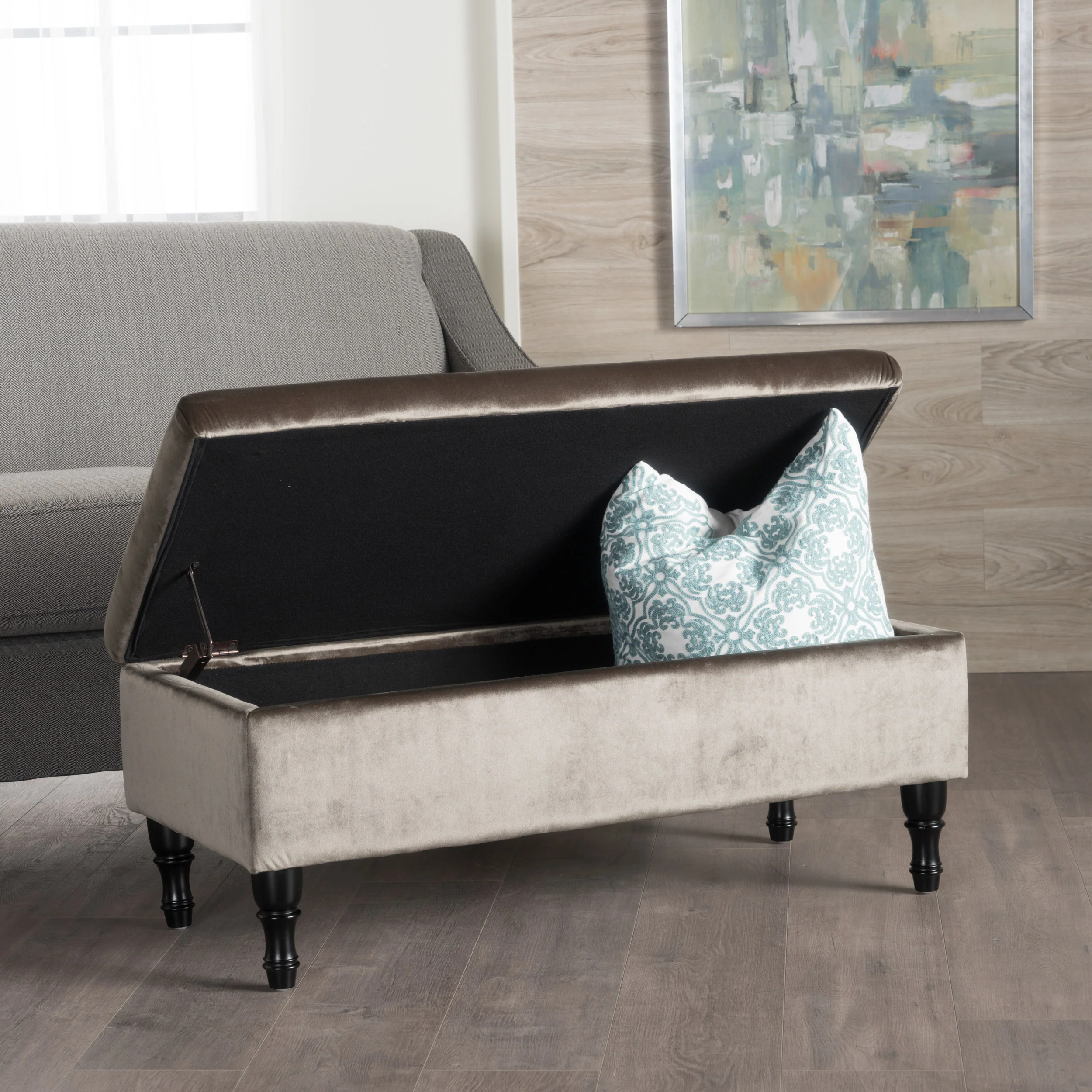 Constance Button Tufted Fabric Rectangle Storage Ottoman Bench w/ Turned Legs - furnishings