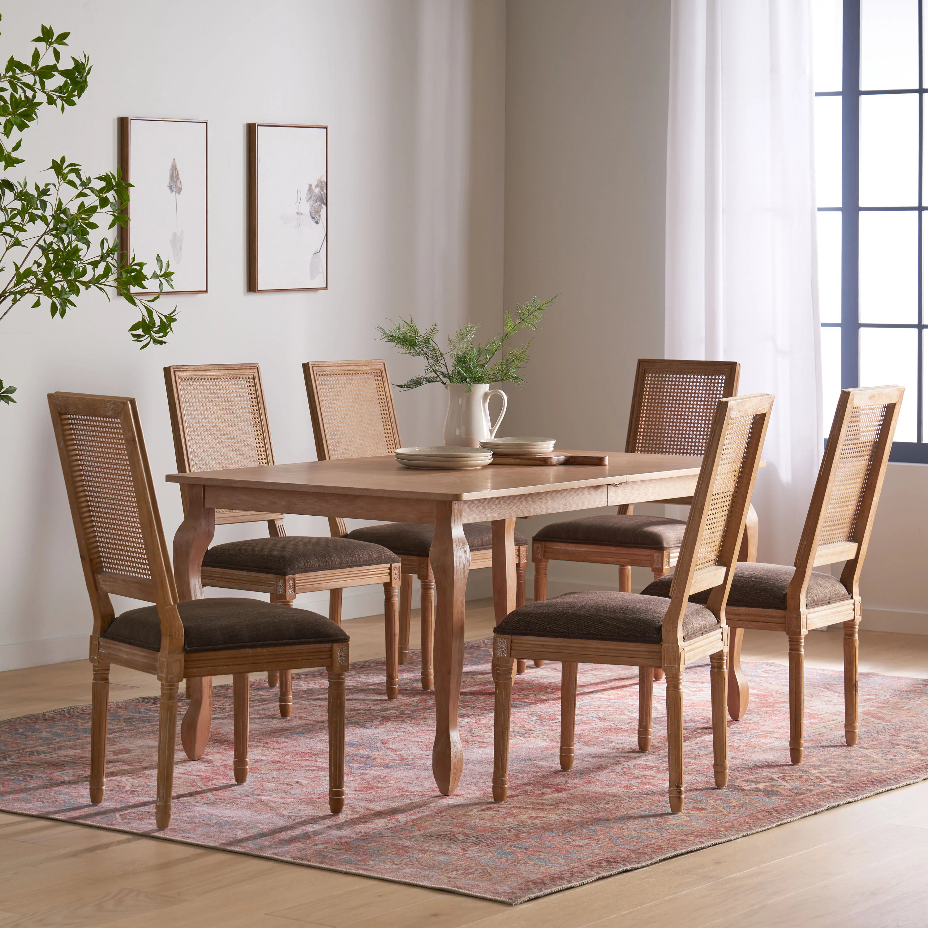 Fernleaf French Country Fabric Upholstered Wood and Cane Expandable 7 Piece Dining Set - furnishings