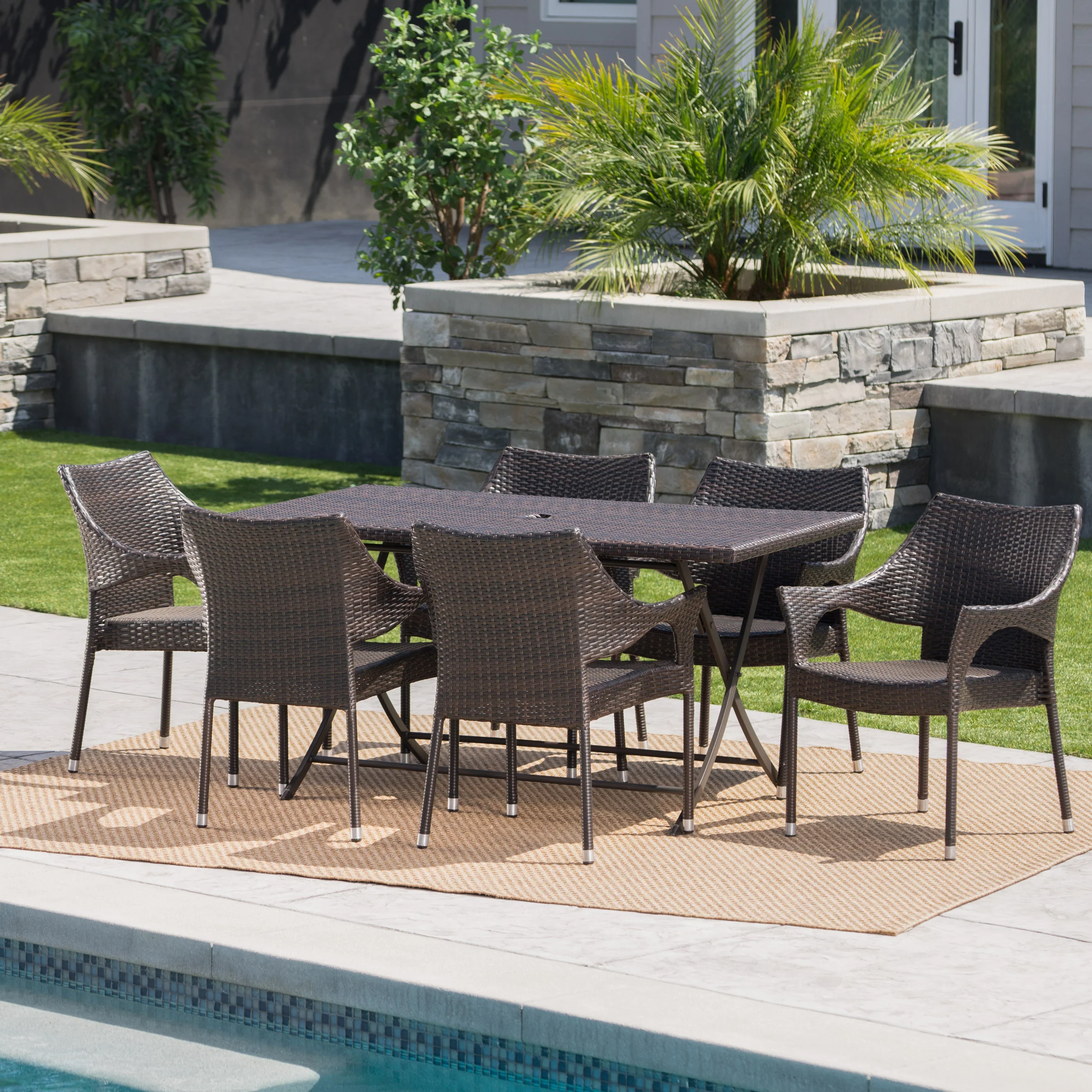 Doris Outdoor 7 Piece Multi-brown Wicker Dining Set - furnishings