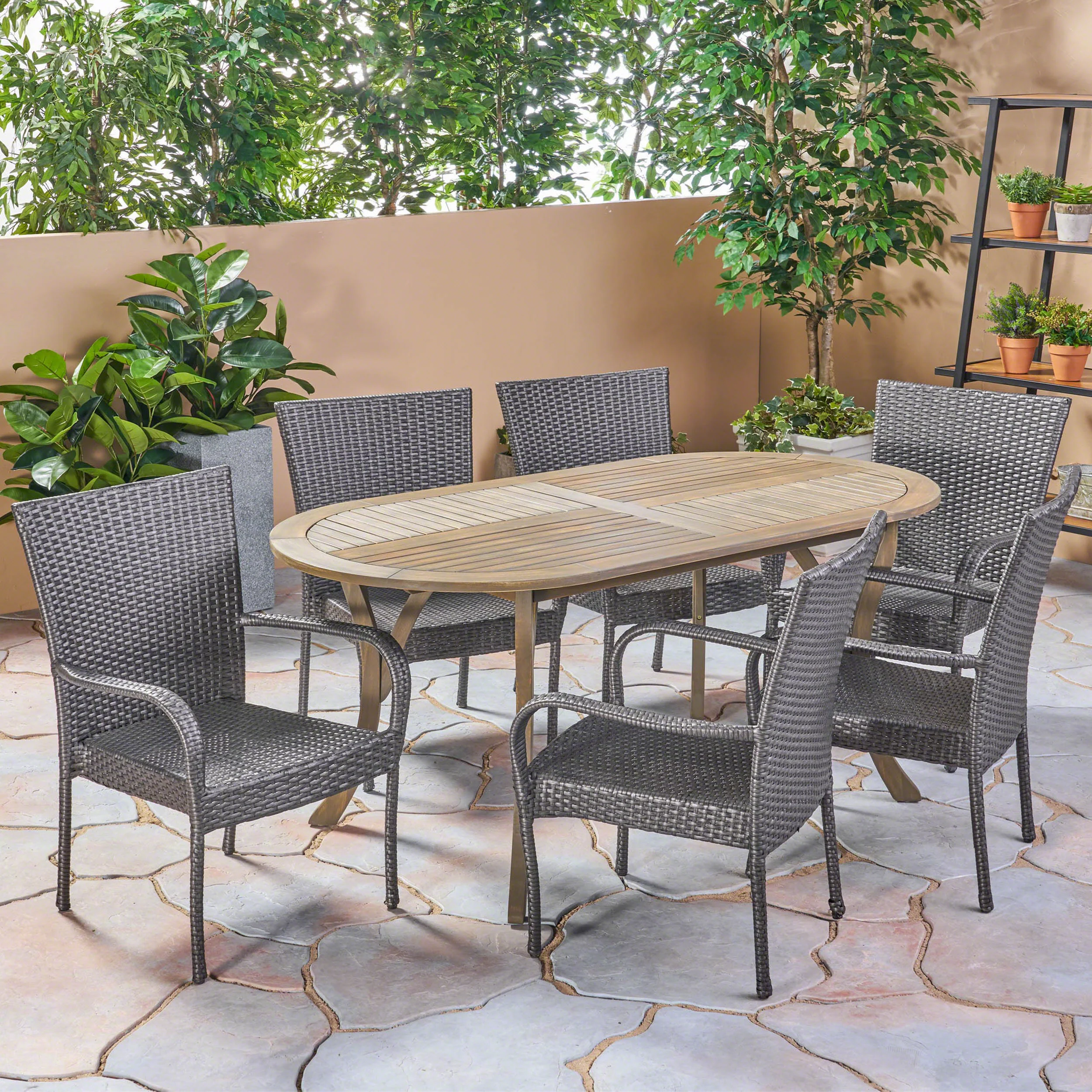 Ford Outdoor 7 Piece Wood and Wicker Dining Set, Gray Finish and Gray - furnishings