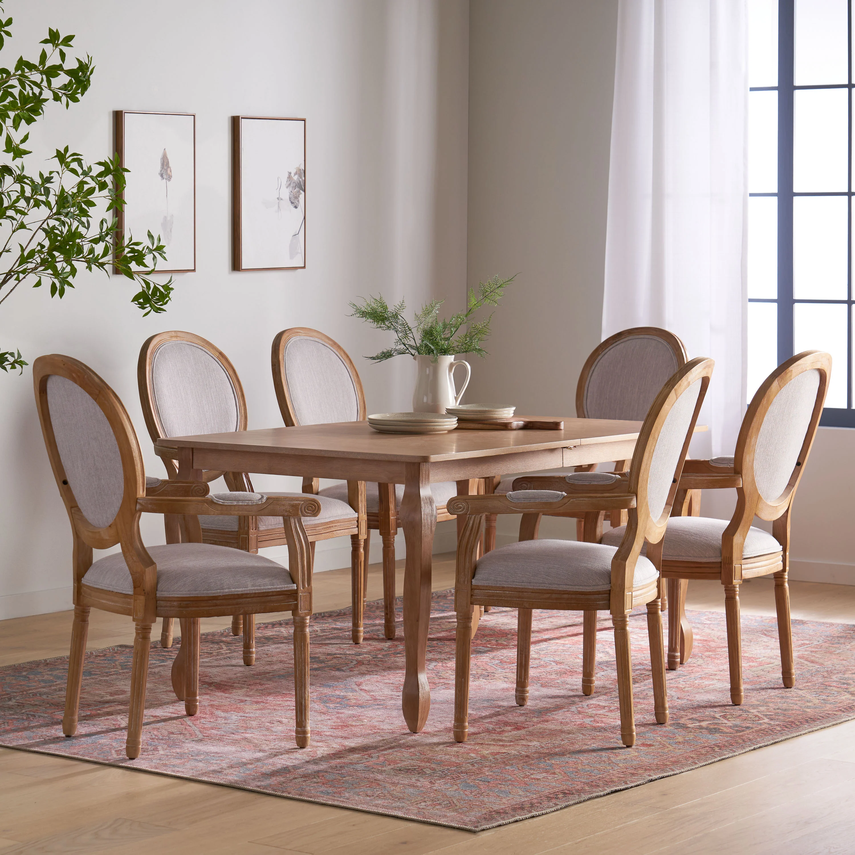Comisky French Country Fabric Upholstered Wood Expandable 7 Piece Dining Set - furnishings