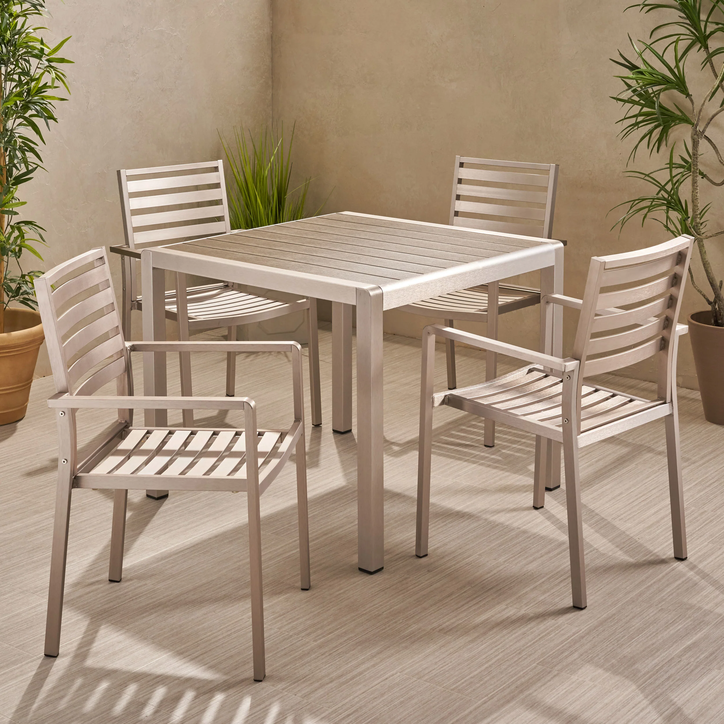 Cherie Outdoor Modern 4 Seater Aluminum Dining Set with Faux Wood Table Top - furnishings