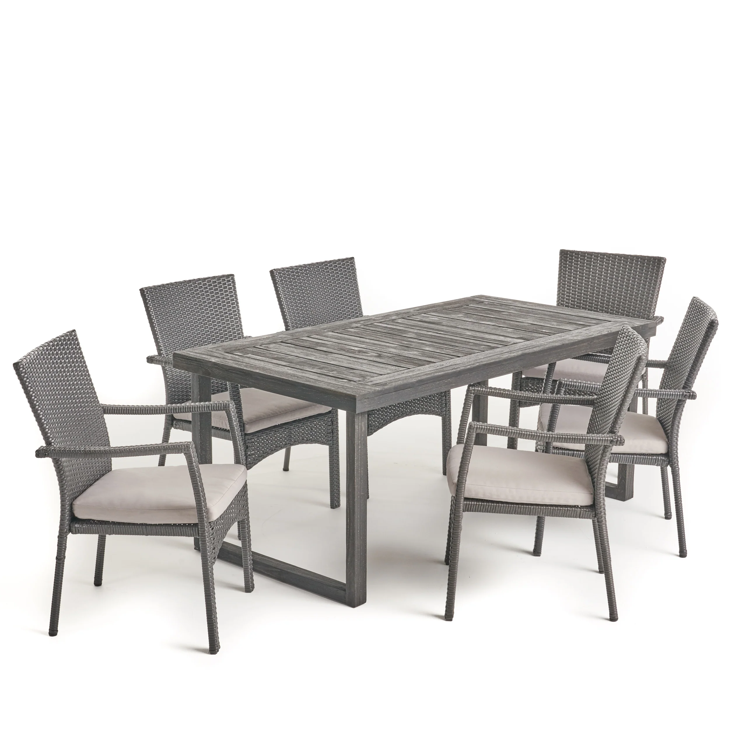 Dawn Outdoor 6-Seater Acacia Wood Dining Set with Wicker Chairs, Sandblast Dark Gray Finish and Gray - furnishings