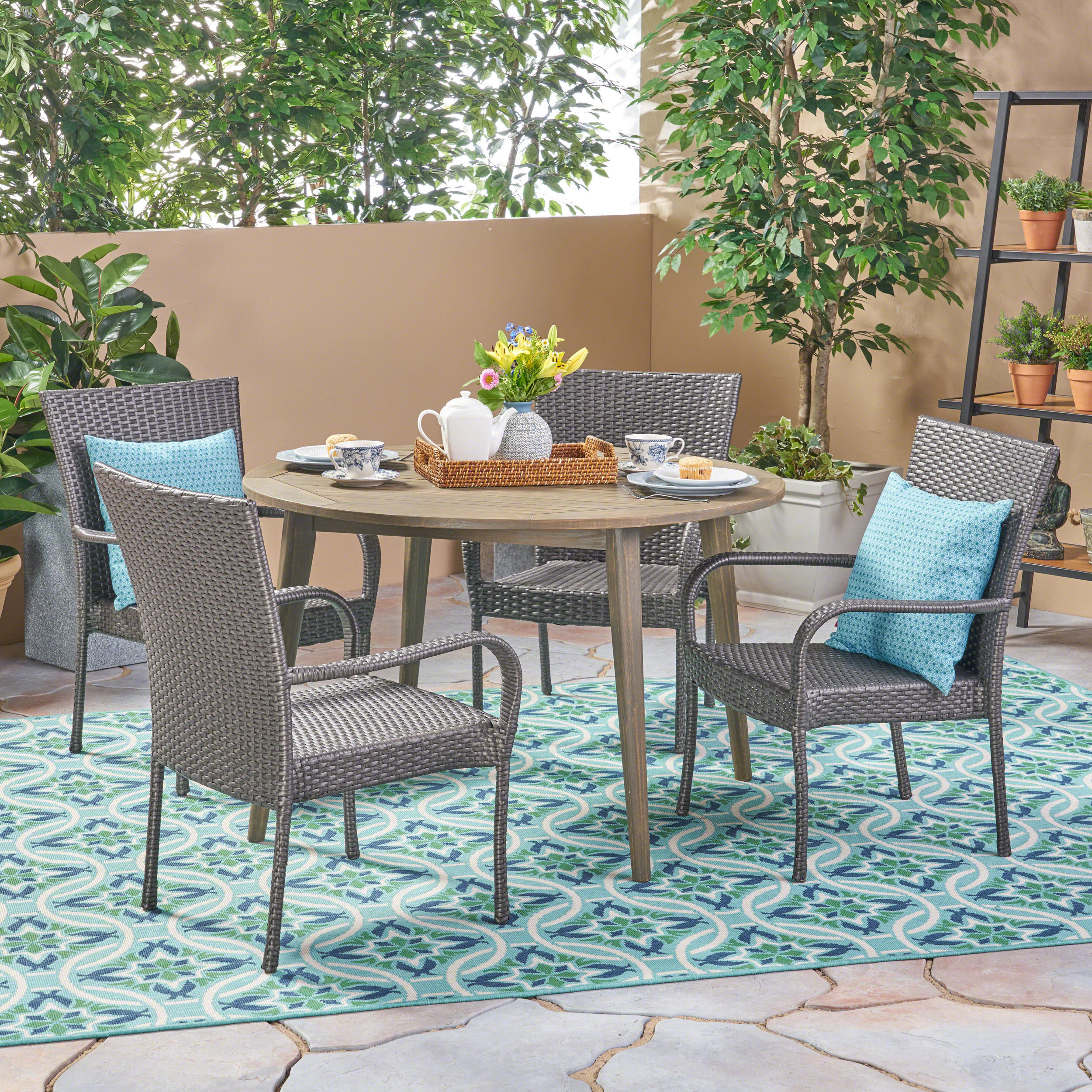 Ivey Outdoor 5 Piece Wood and Wicker Dining Set - furnishings
