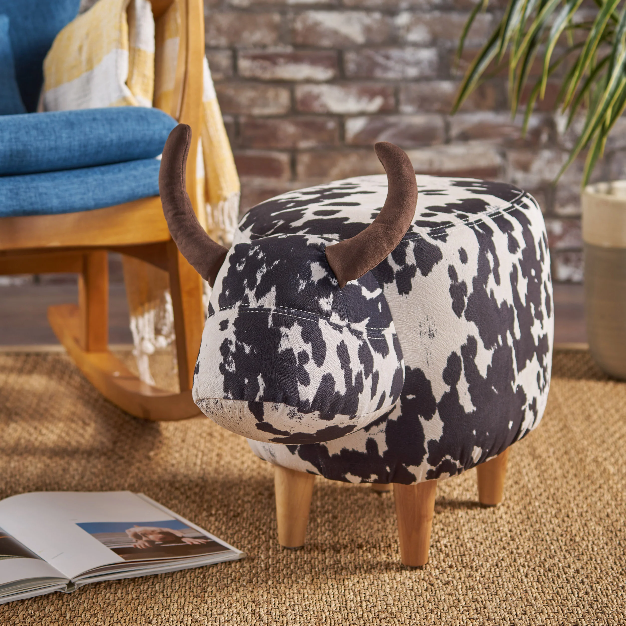 Bertha Milk Cow Patterned Velvet Ottoman - furnishings