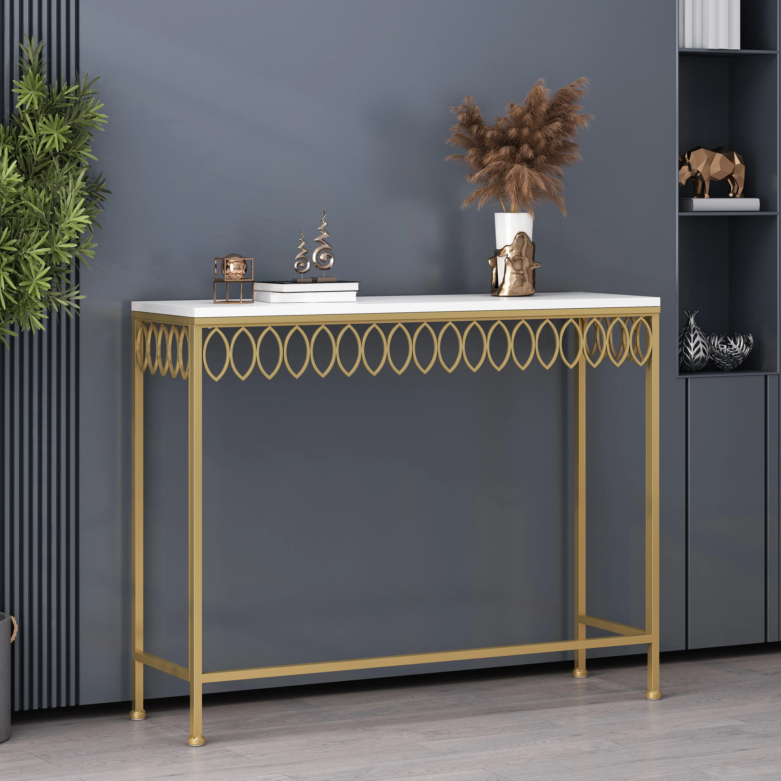Cavanaugh Modern Glam Console Table with Petal Accents, Gold and White - furnishings