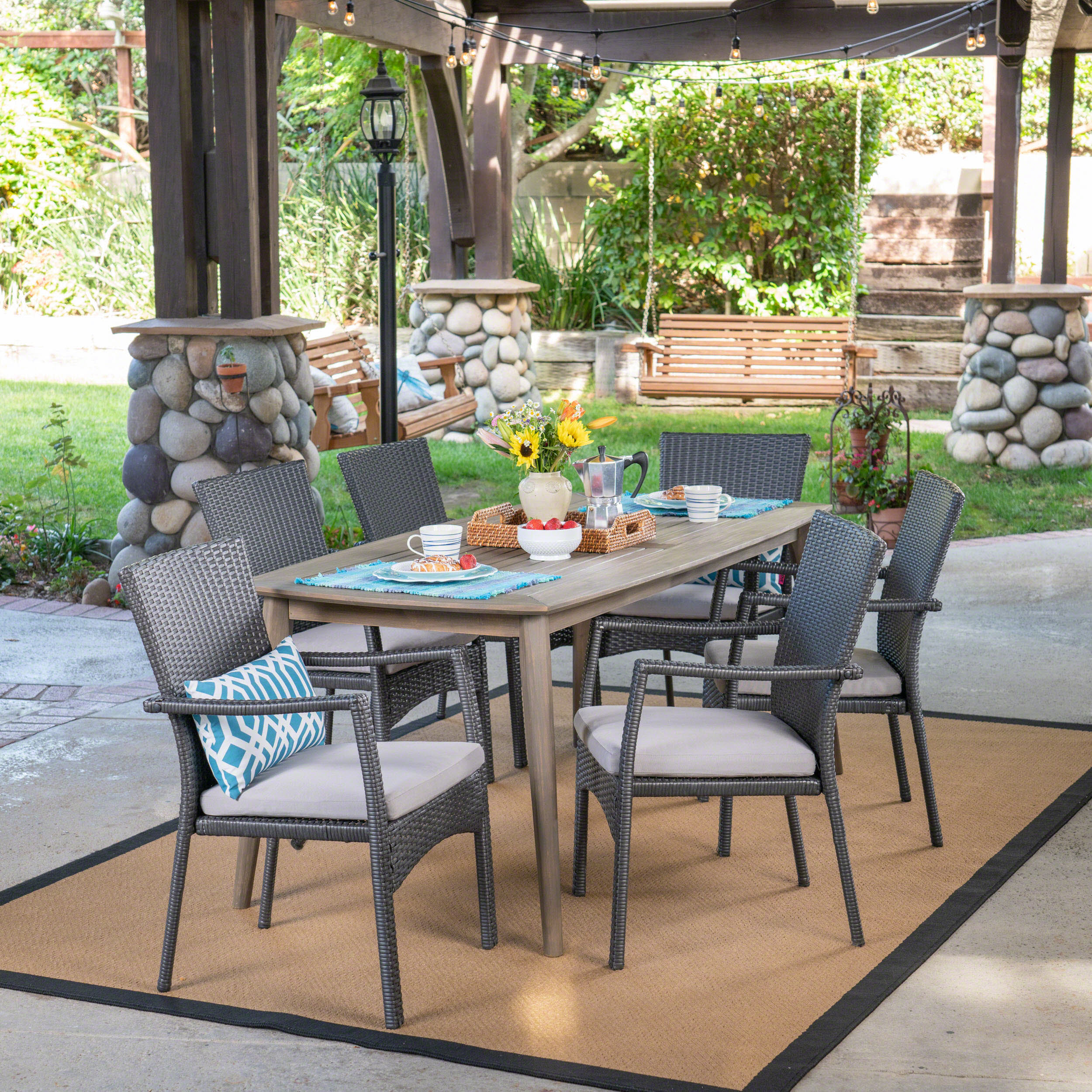 Lowell Outdoor 7 Piece Wood and Wicker Dining Set, Gray and Gray - furnishings