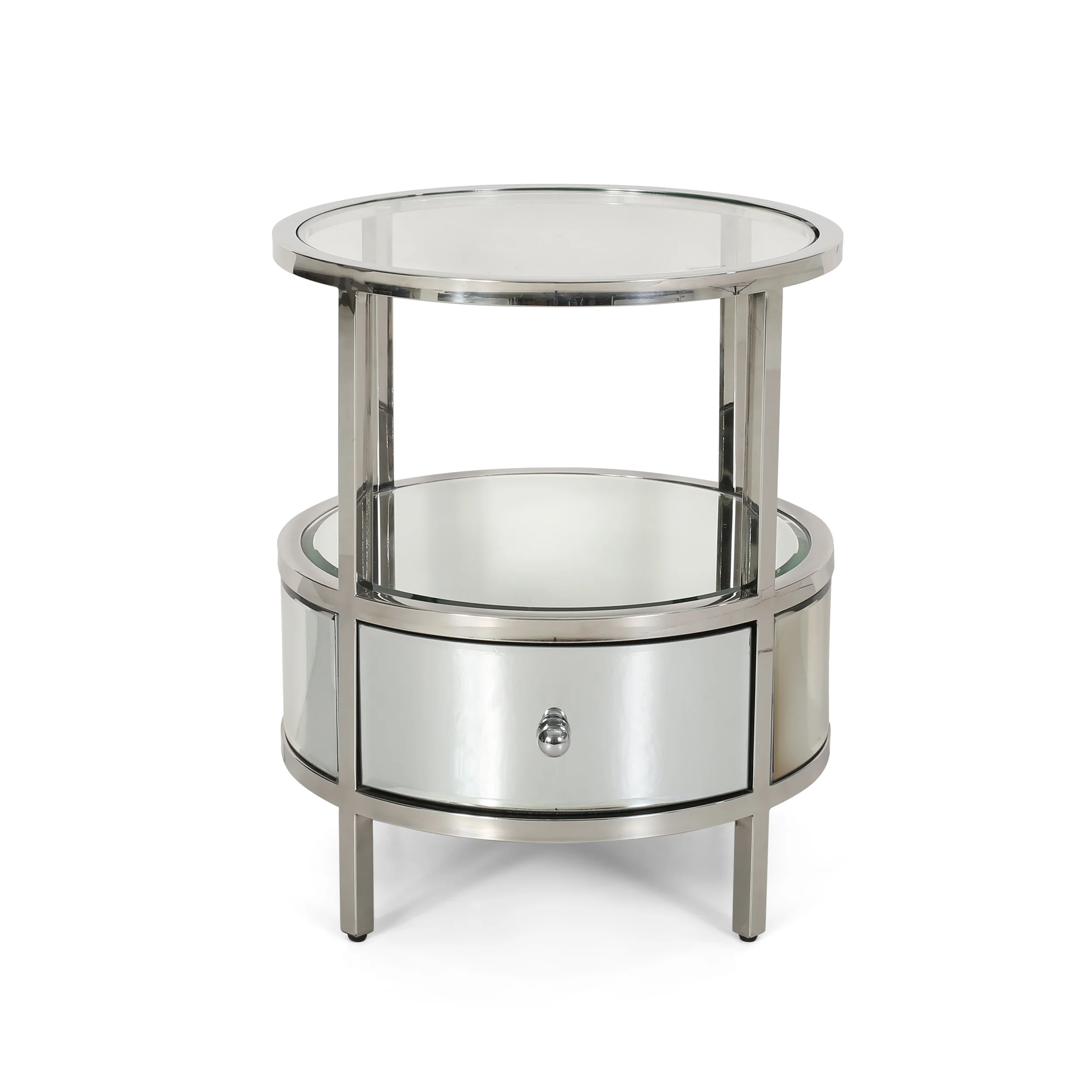 Celina Modern Round End Table with Tempered Glass Drawers and Stainless Steel Frame, Silver - furnishings