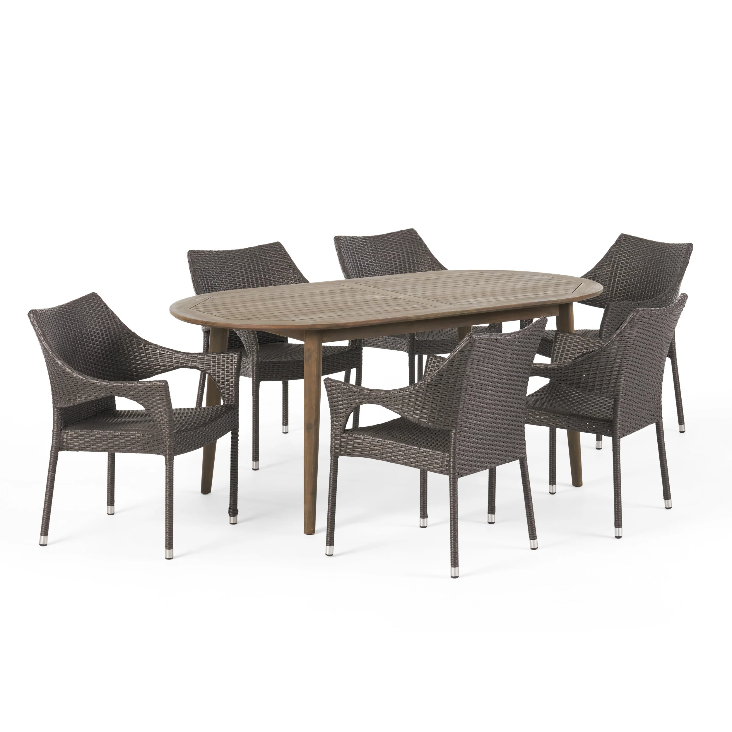 Fox Outdoor 7 Piece Acacia Wood Dining Set with Stacking Wicker Chairs - furnishings
