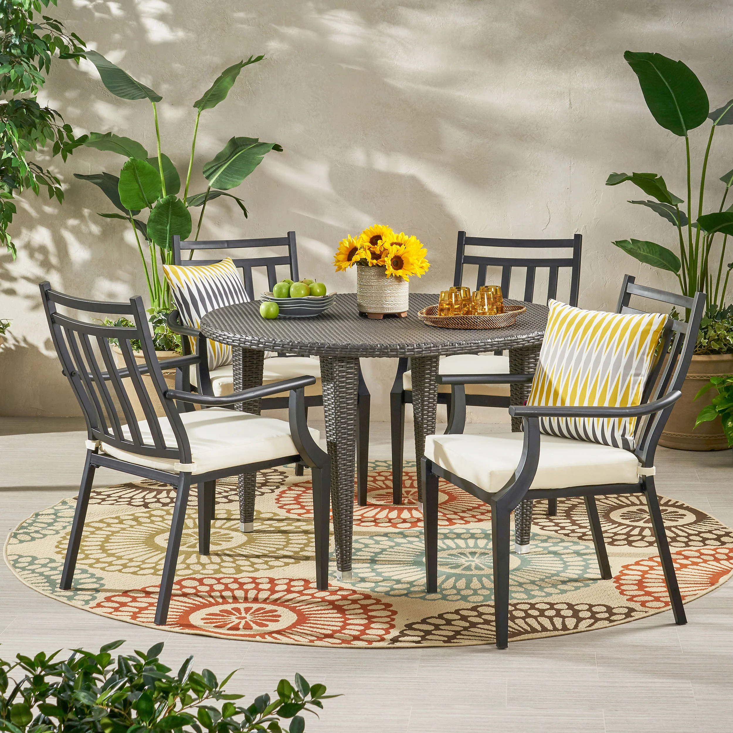 Olive Outdoor 5 Piece Dining Set with Wicker Table - furnishings