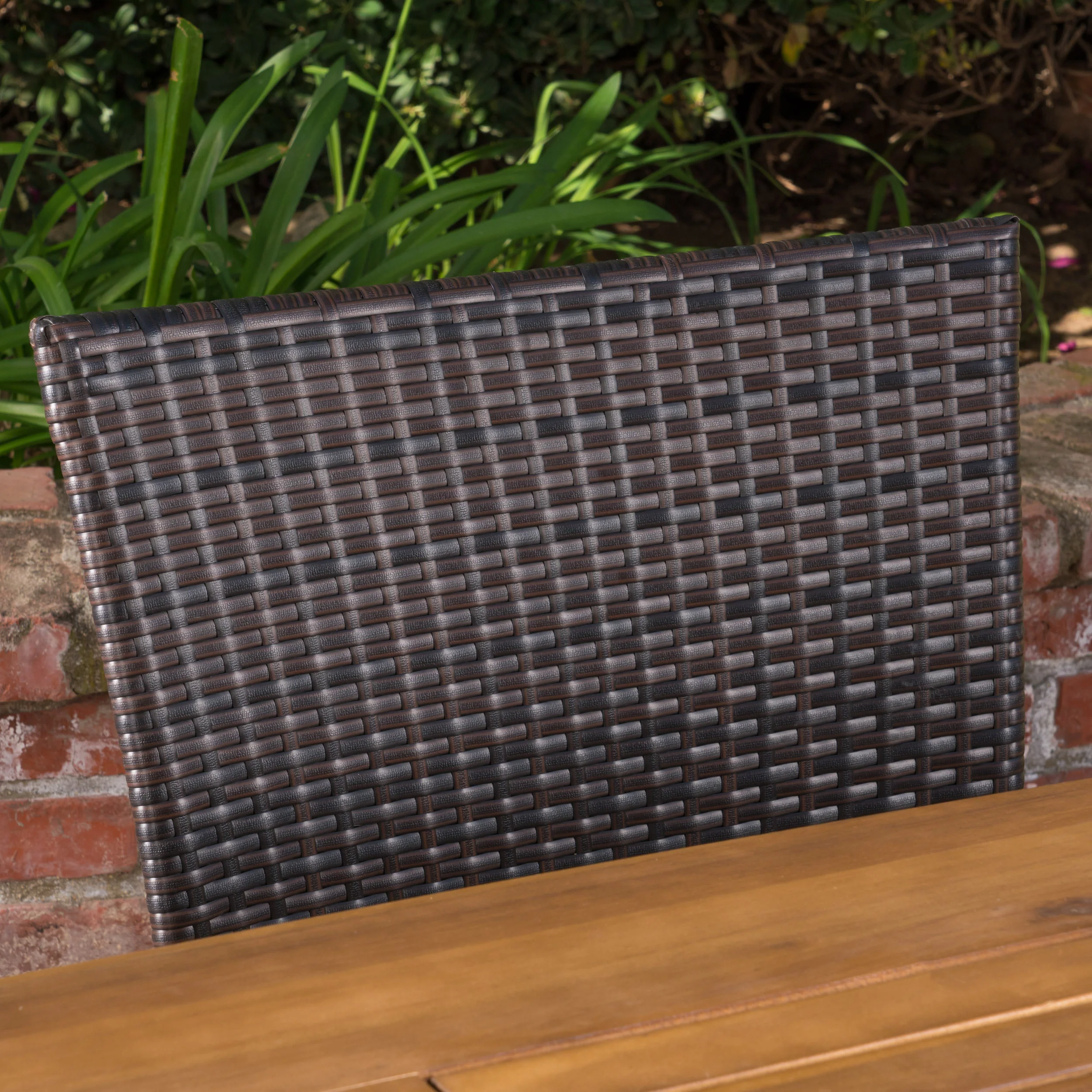 Livio Outdoor 7 Piece Multibrown Wicker Dining Set with Teak Finish Rectangular Acacia Wood Dining Table - furnishings