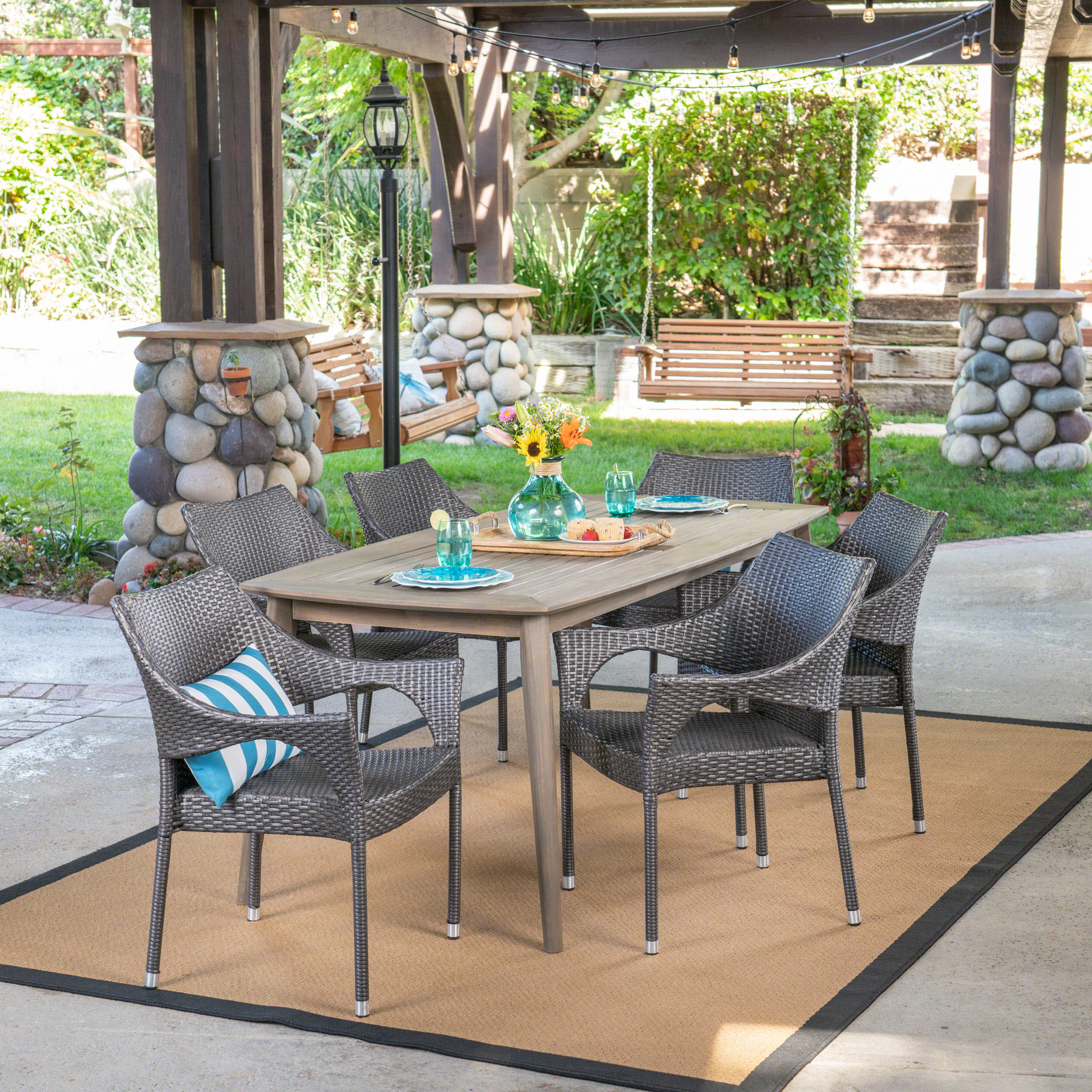 Kado Outdoor 7 Piece Wood and Wicker Dining Set, Gray and Gray - furnishings