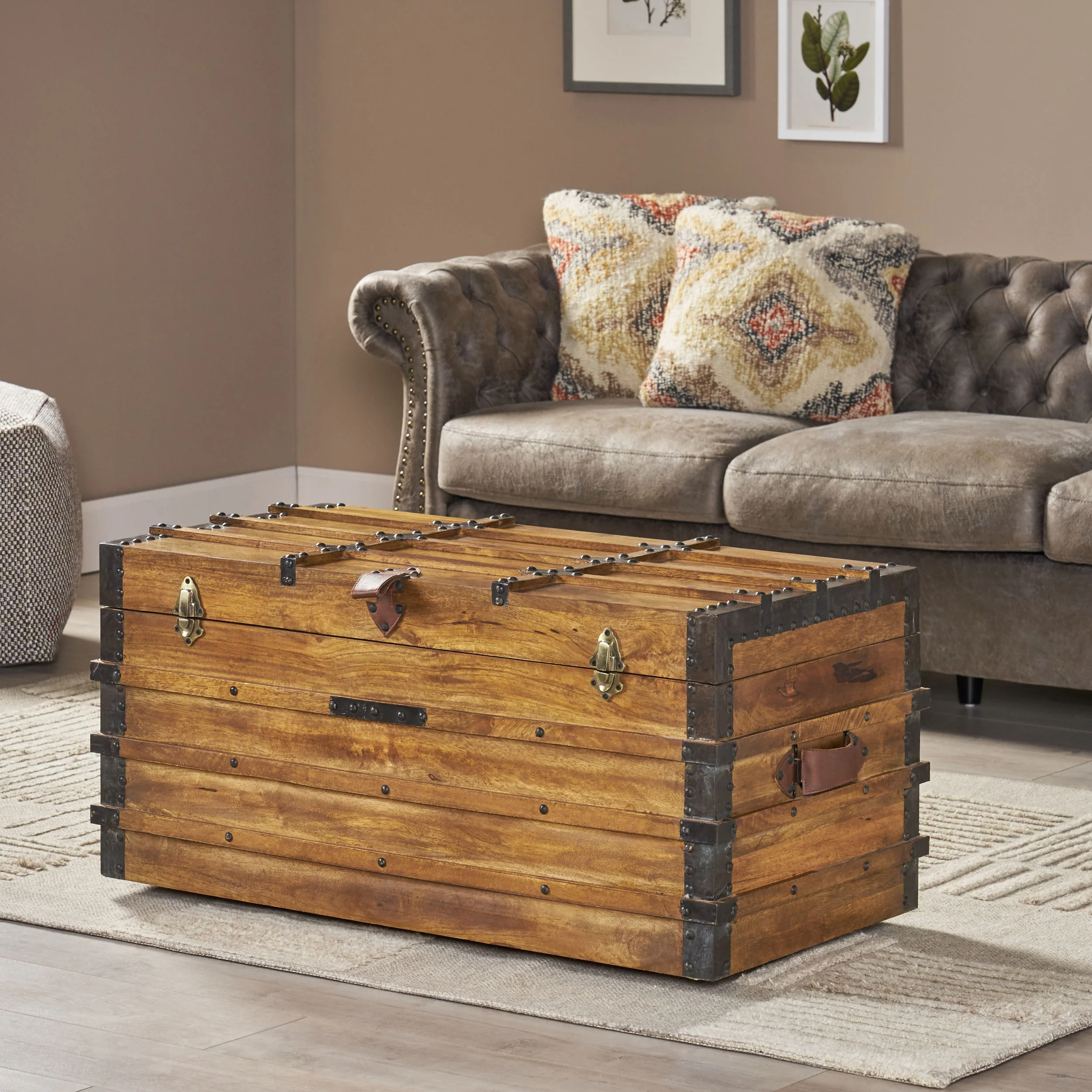 Stanton Handcrafted Boho Wood Storage Trunk with Latches - furnishings