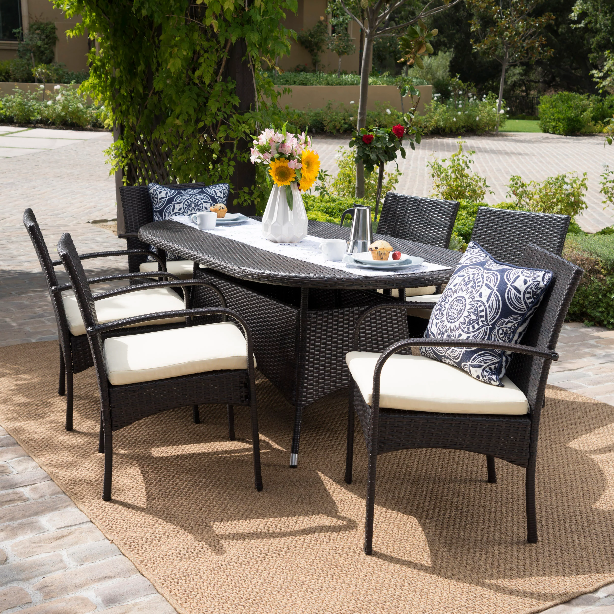 Carmela Outdoor 7pc Multibrown PE Wicker Long Dining Set - furnishings