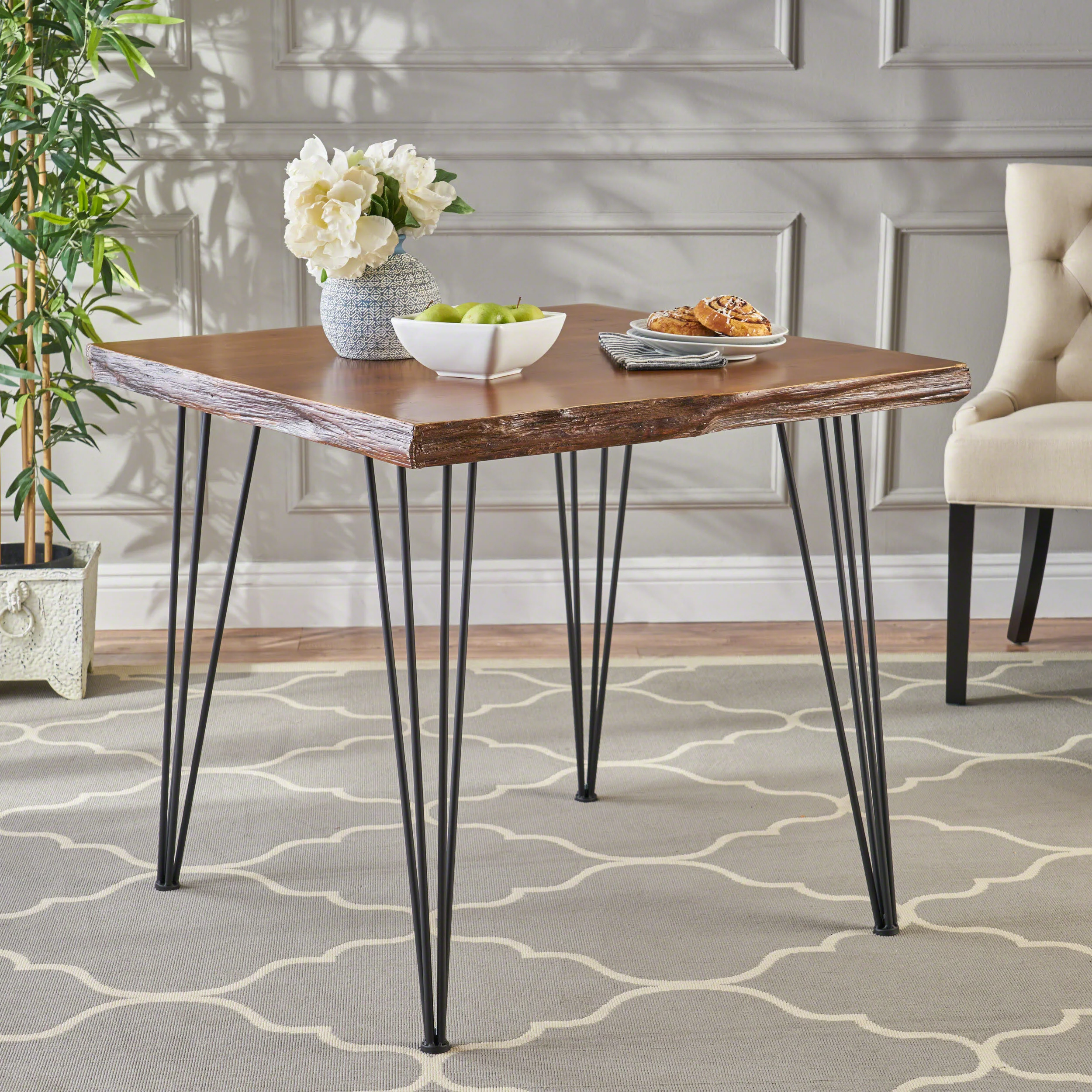 Kaia Modern Industrial Faux Live Edge Square Dining Table, Natural and Black - furnishings