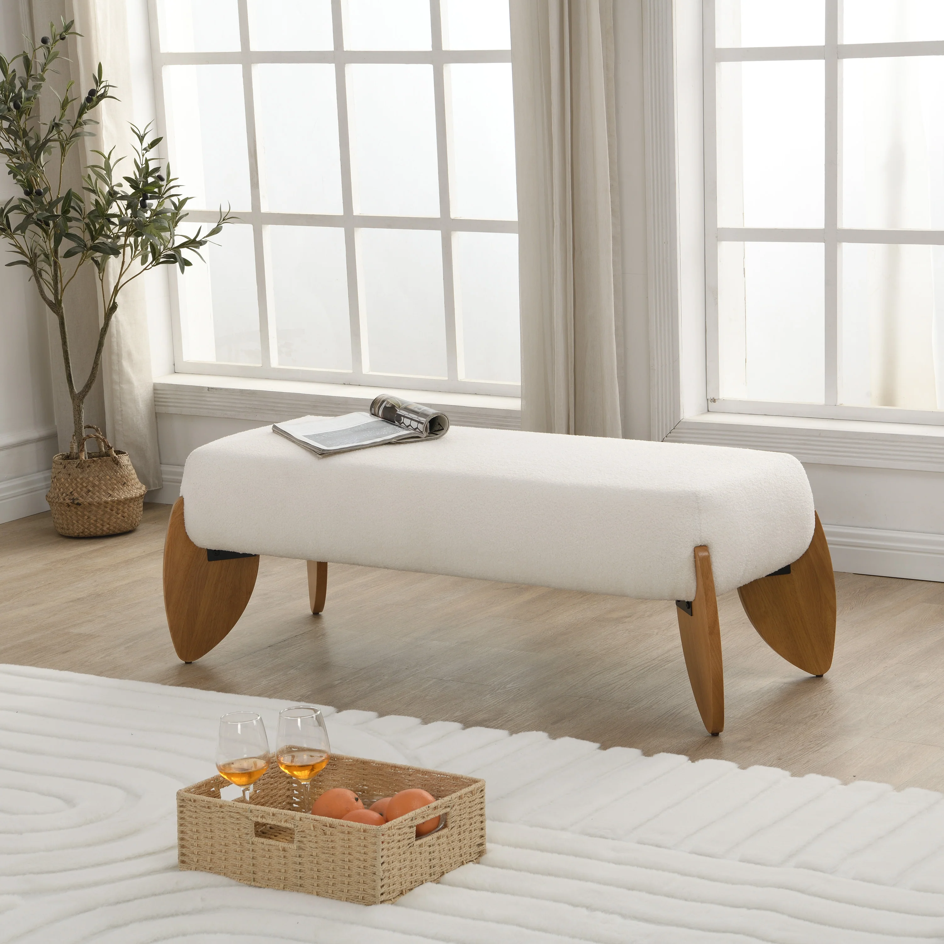 Sorena Modern Upholstered Loop Yarn Ottoman, Solid Wood - furnishings