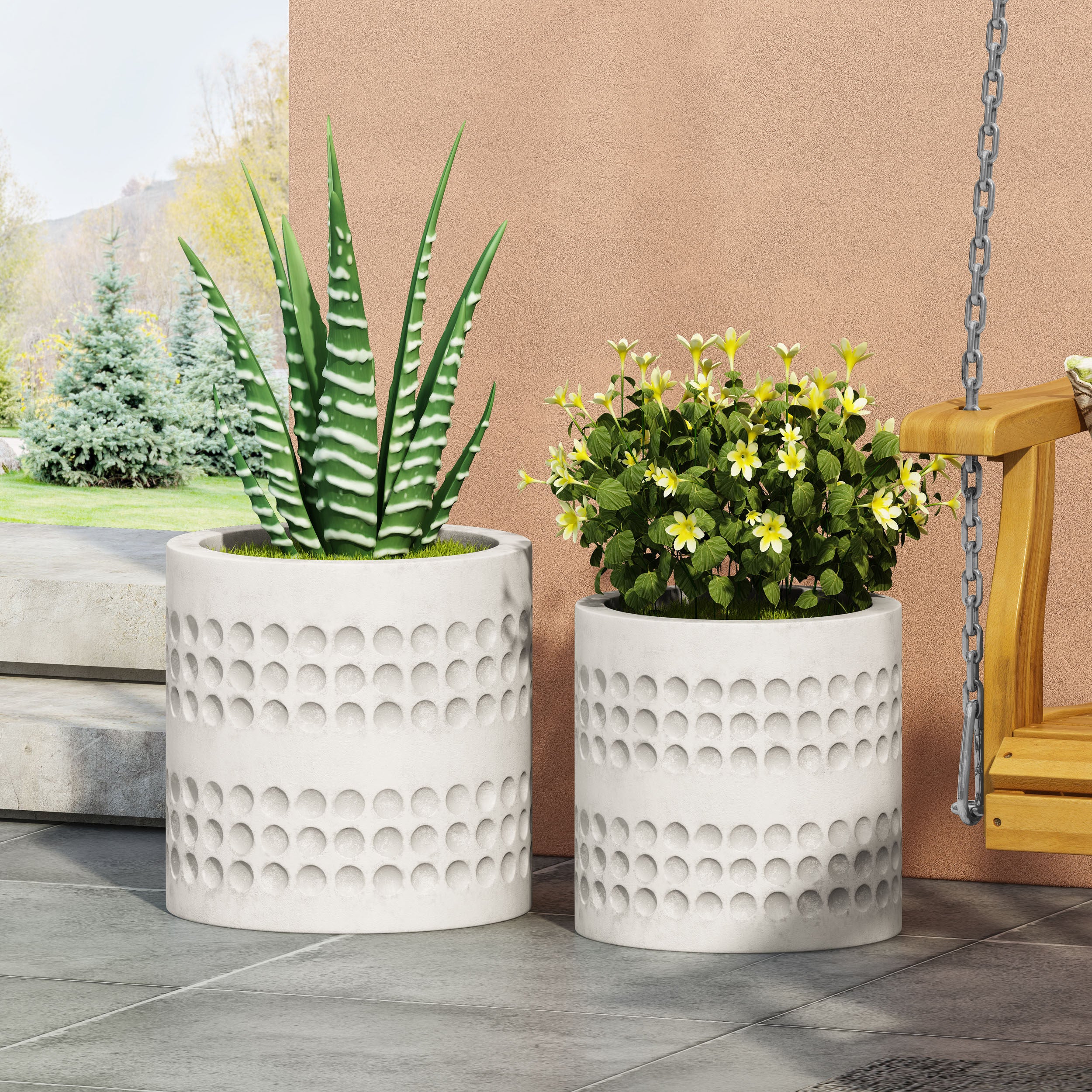 Suncook Outdoor Medium and Large Cast Stone Planter Set, Antique White - furnishings