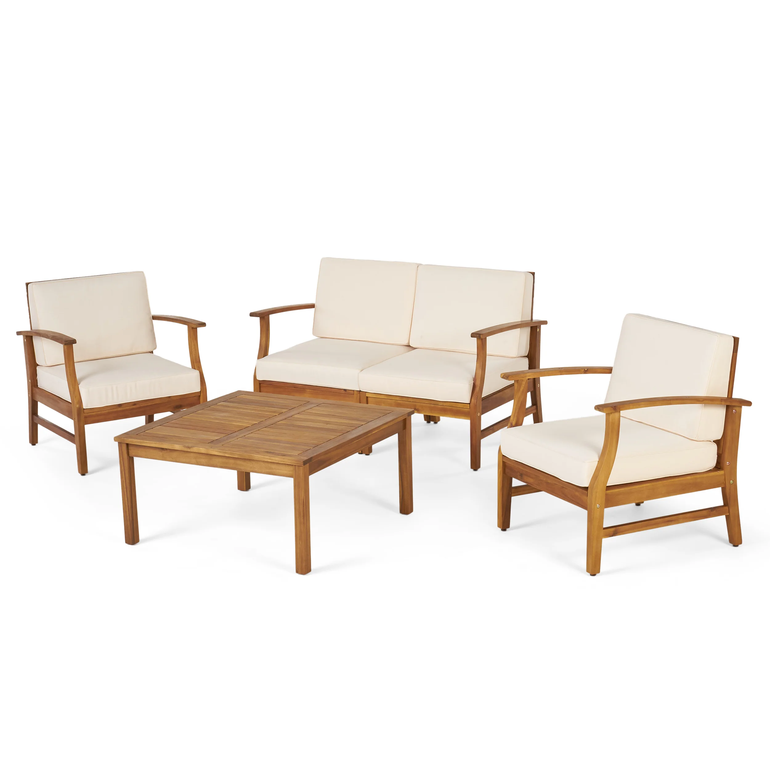 Lorelei Outdoor 4 Seat Teak Finished Acacia Wood Chat Set with Water Resistant Cushions - furnishings