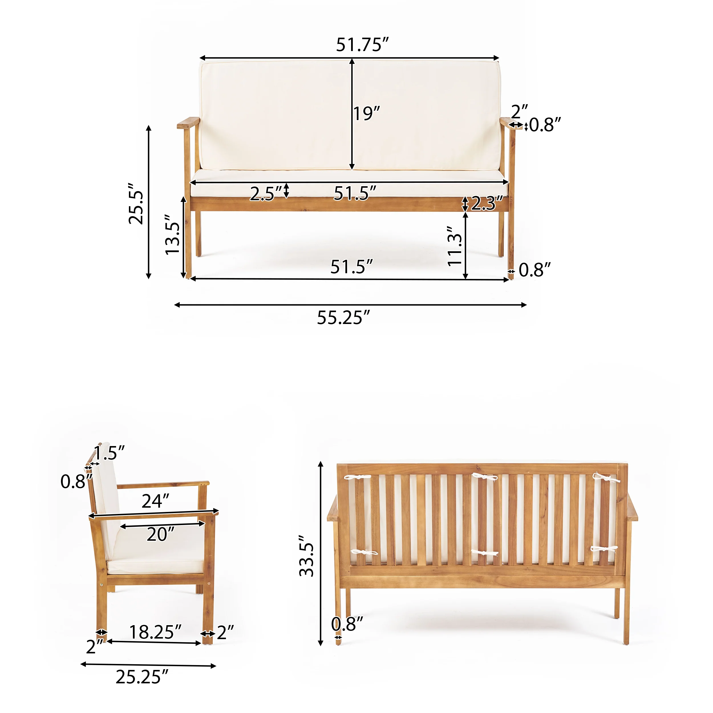Luna Outdoor Finished Acacia Wood Bench with Water Resistant Fabric Cushion - furnishings