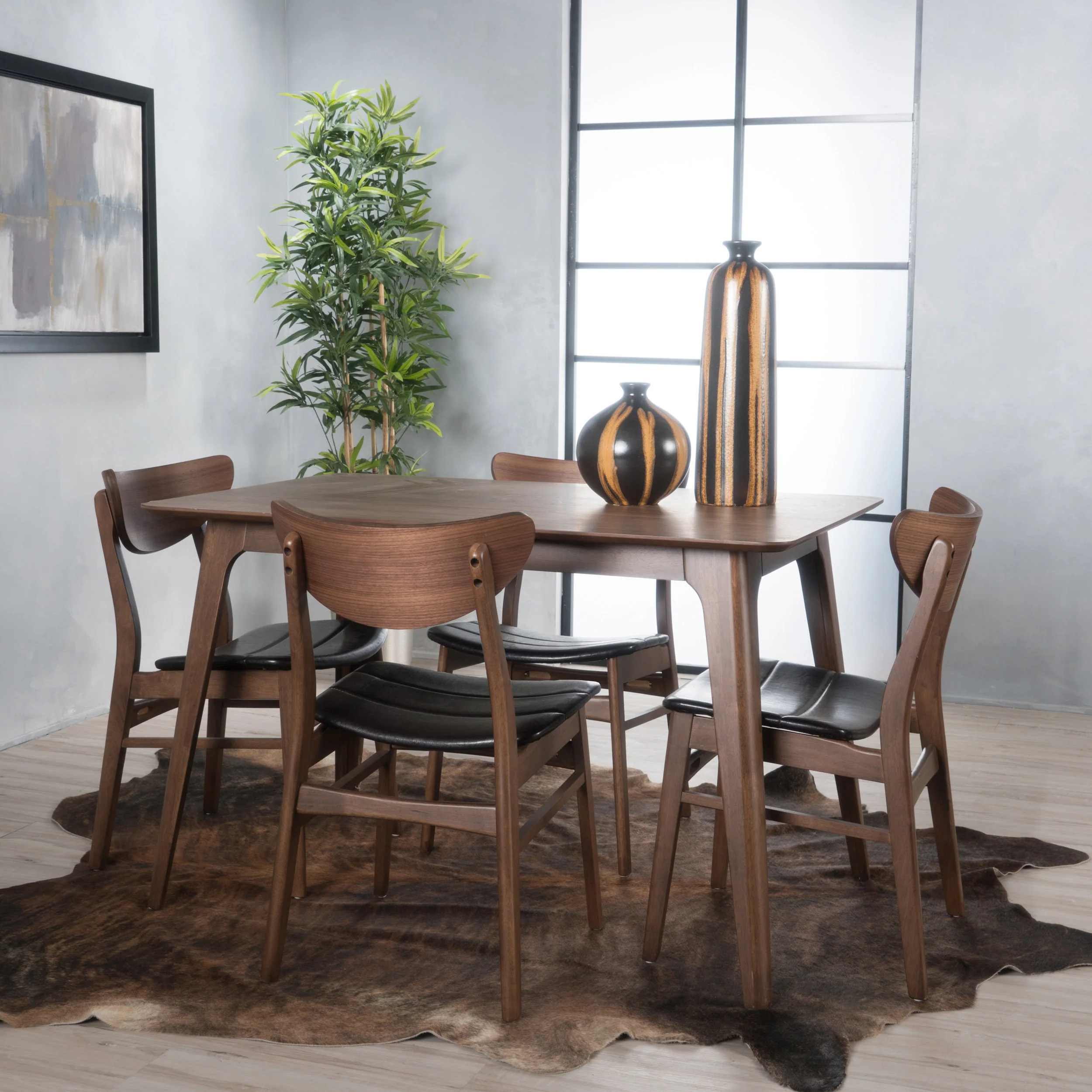 Katherine Mid Century Modern Wood Upholstered 5-Piece Dining Set, Walnut and Dark Brown - furnishings