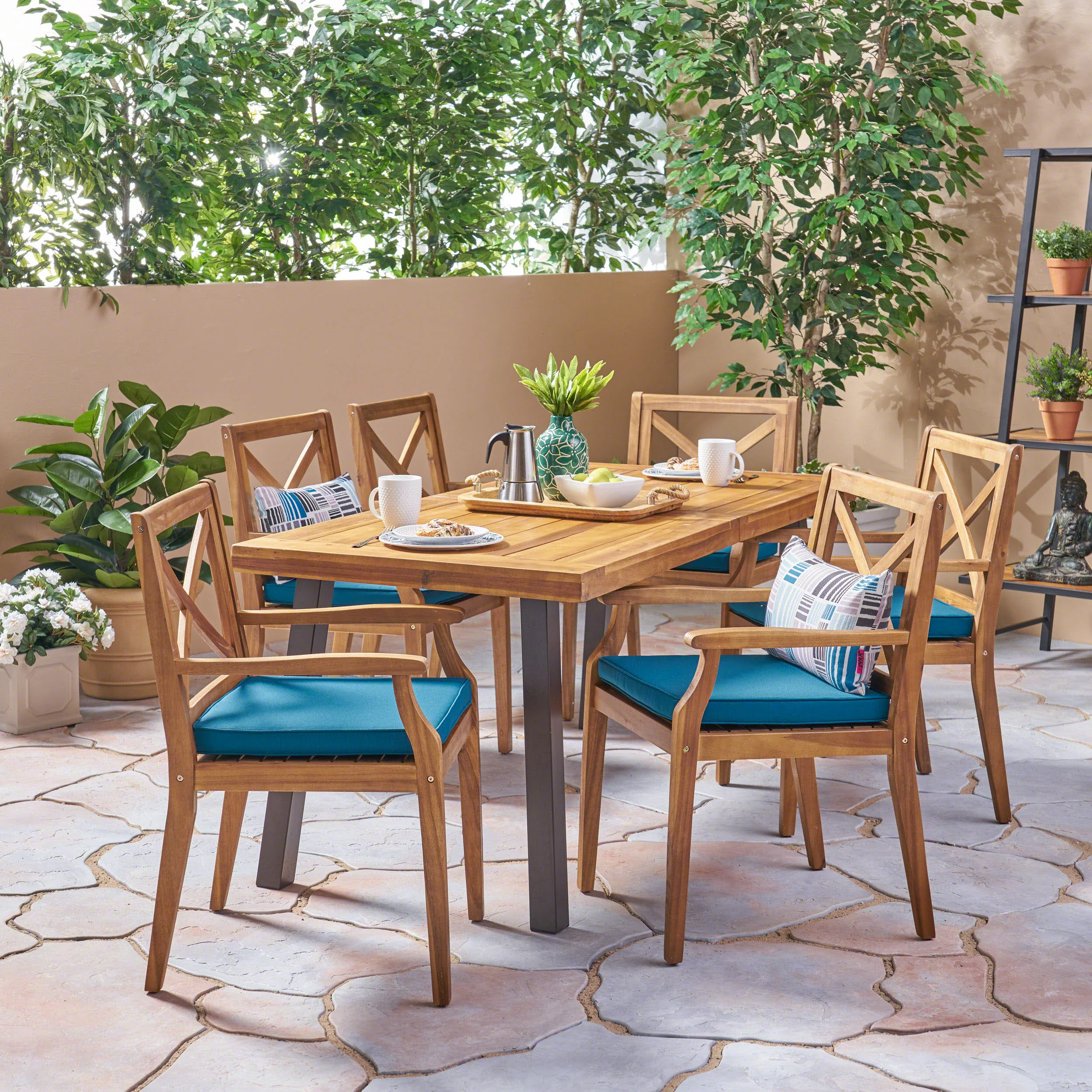 Justin Outdoor Farmhouse Slat-Top 7 Piece Acacia Wood Dining Set with Cushions - furnishings