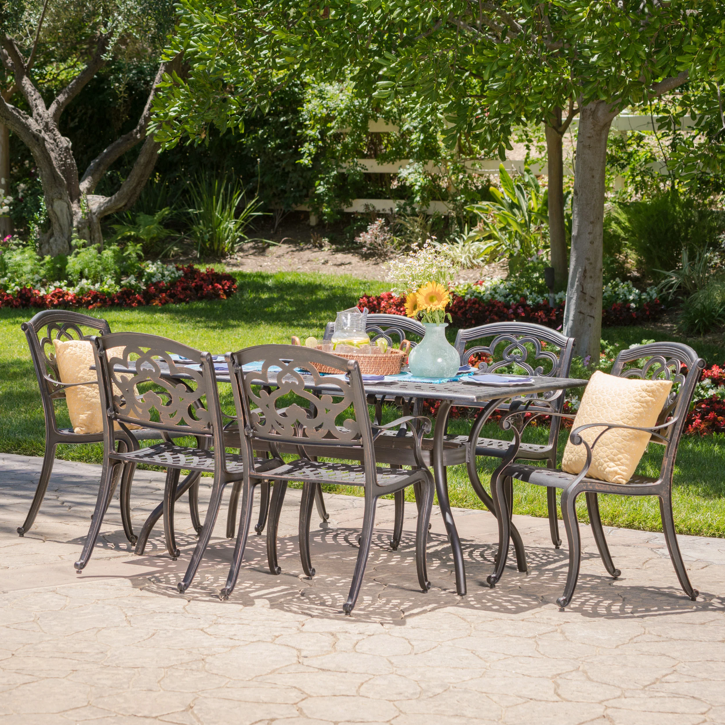 Carlton Outdoor 7 Pc Patina Copper Cast Aluminum Dining Set - furnishings