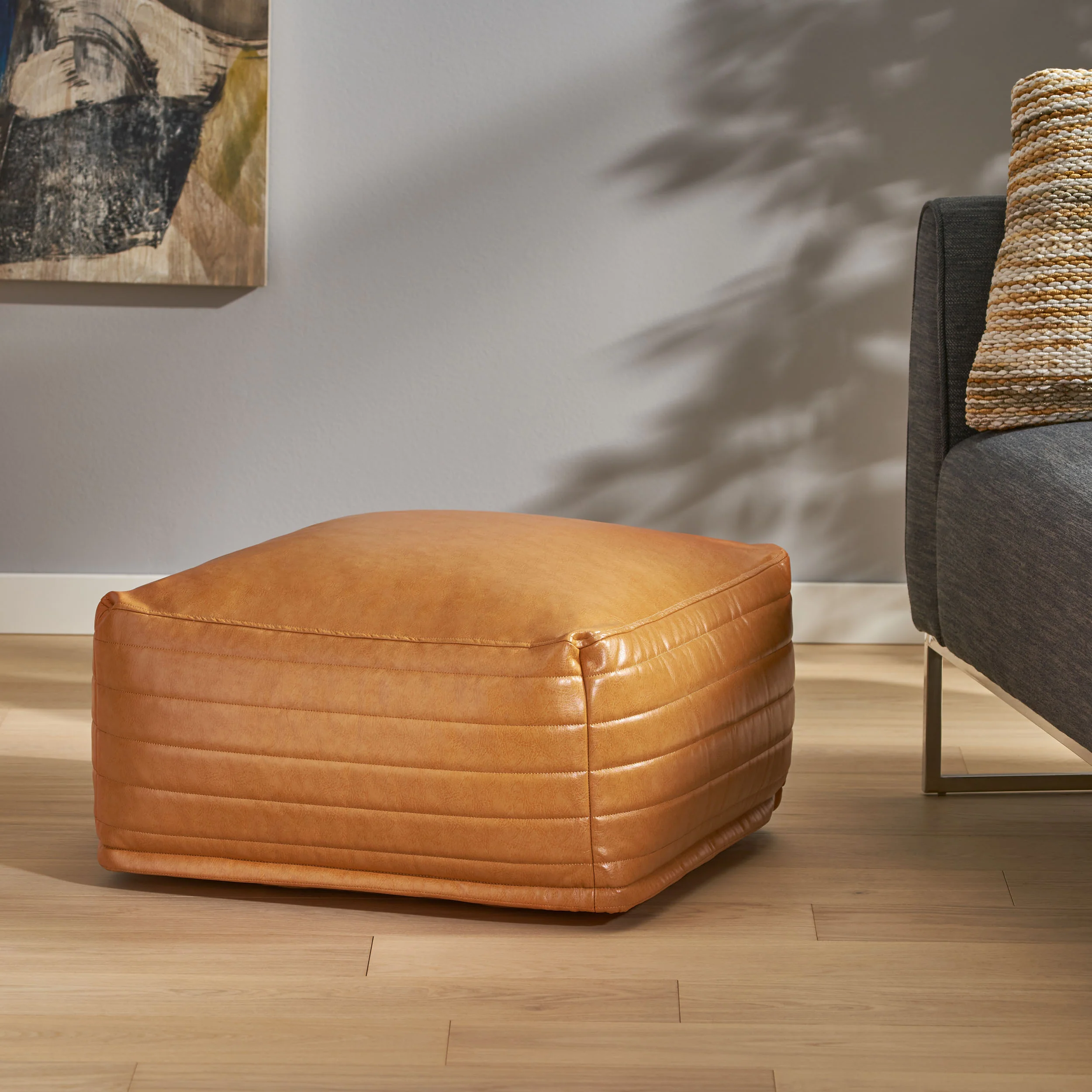Conrail Contemporary Faux Leather Channel Stitch Pouf - furnishings