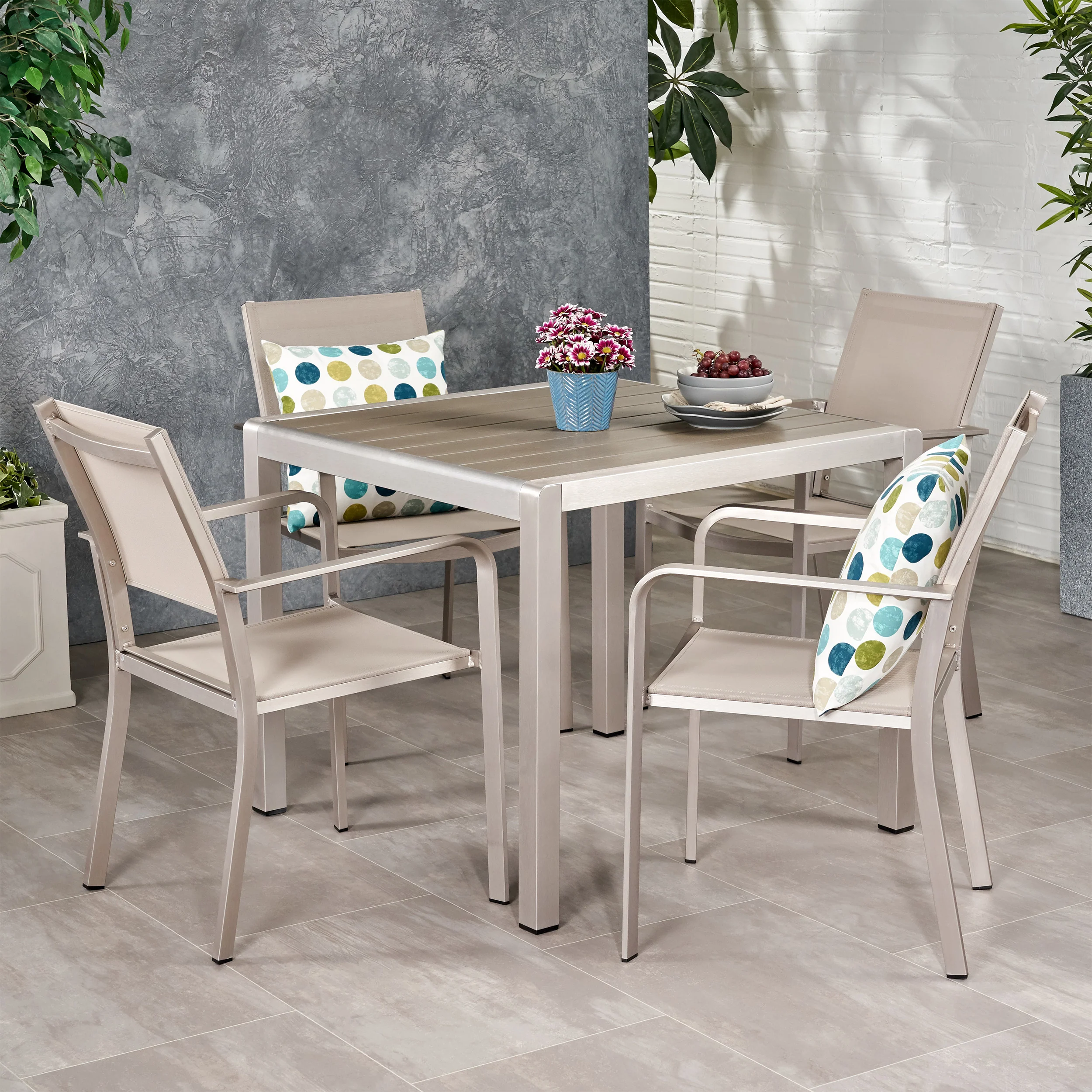 Rorik Outdoor Modern 4 Seater Aluminum Dining Set with Faux Wood Table Top - furnishings