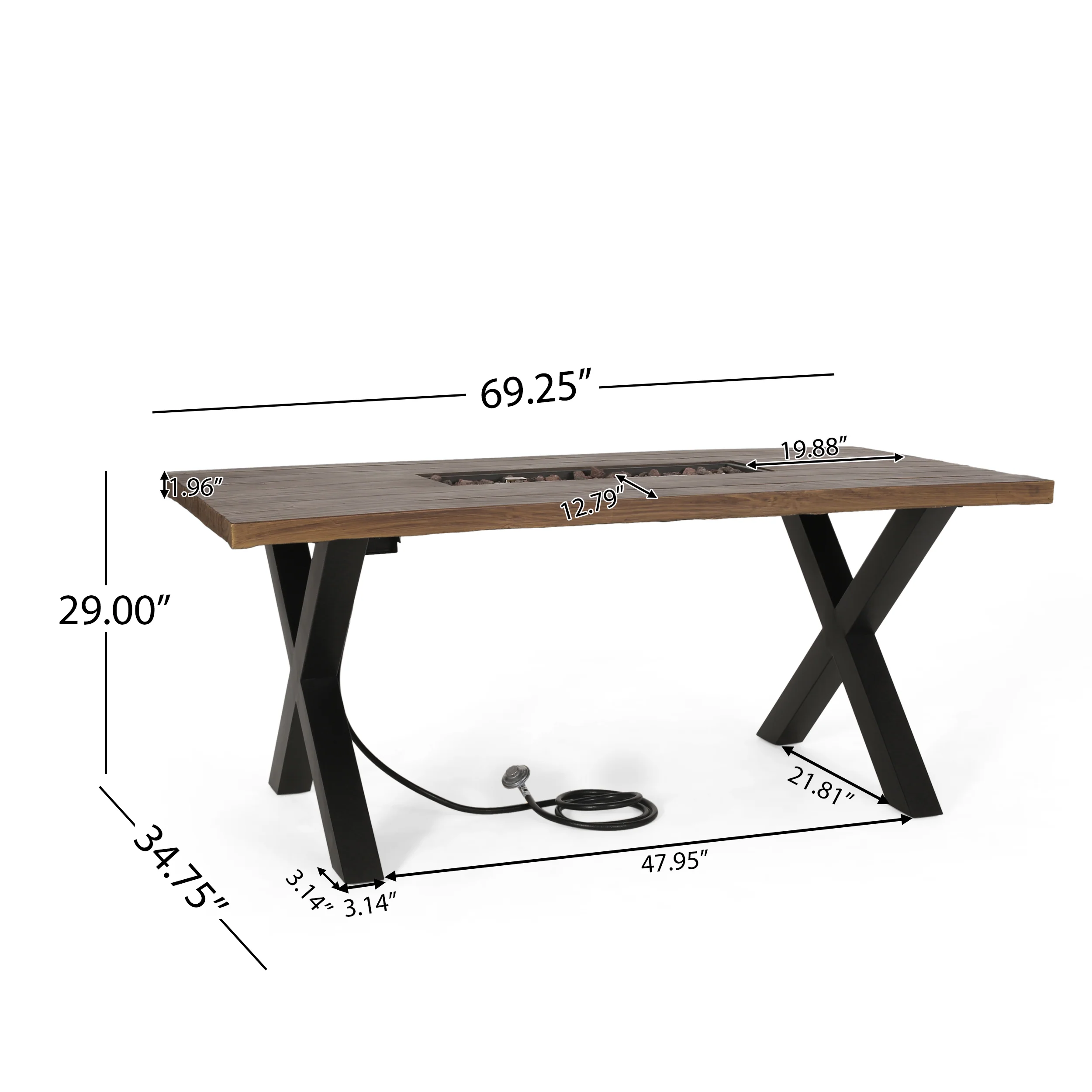 Hyrum Outdoor 40,000 BTU Fire Pit Dining Table with Tank Holder, Textured Brown Walnut, Black, and Dark Gray - furnishings