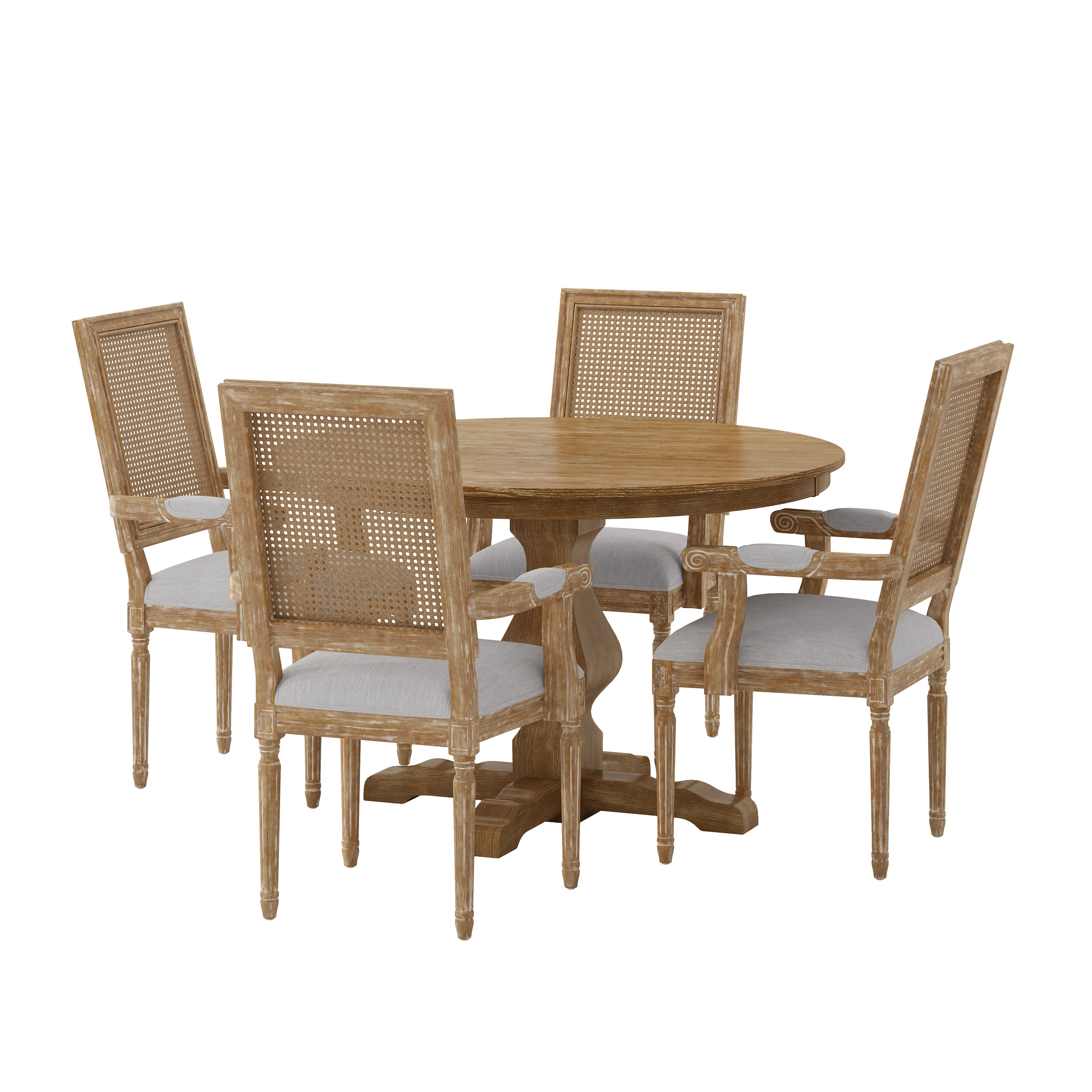 Joretta French Country Fabric Upholstered Wood and Cane 5 Piece Circular Dining Set - furnishings