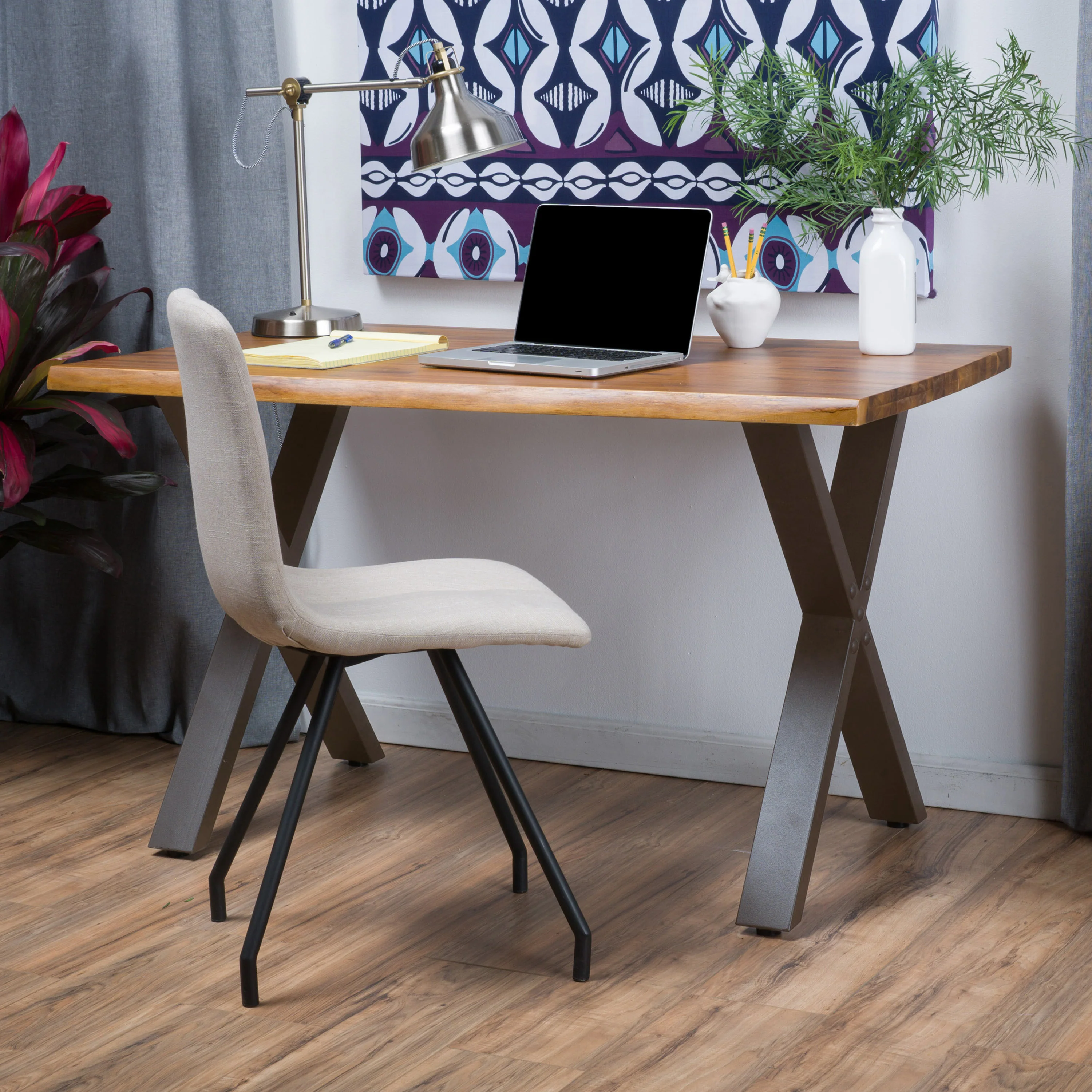 Fitzgerald Farmhouse Teak Finish Acacia Wood Desk with Black X-Frame Legs - furnishings