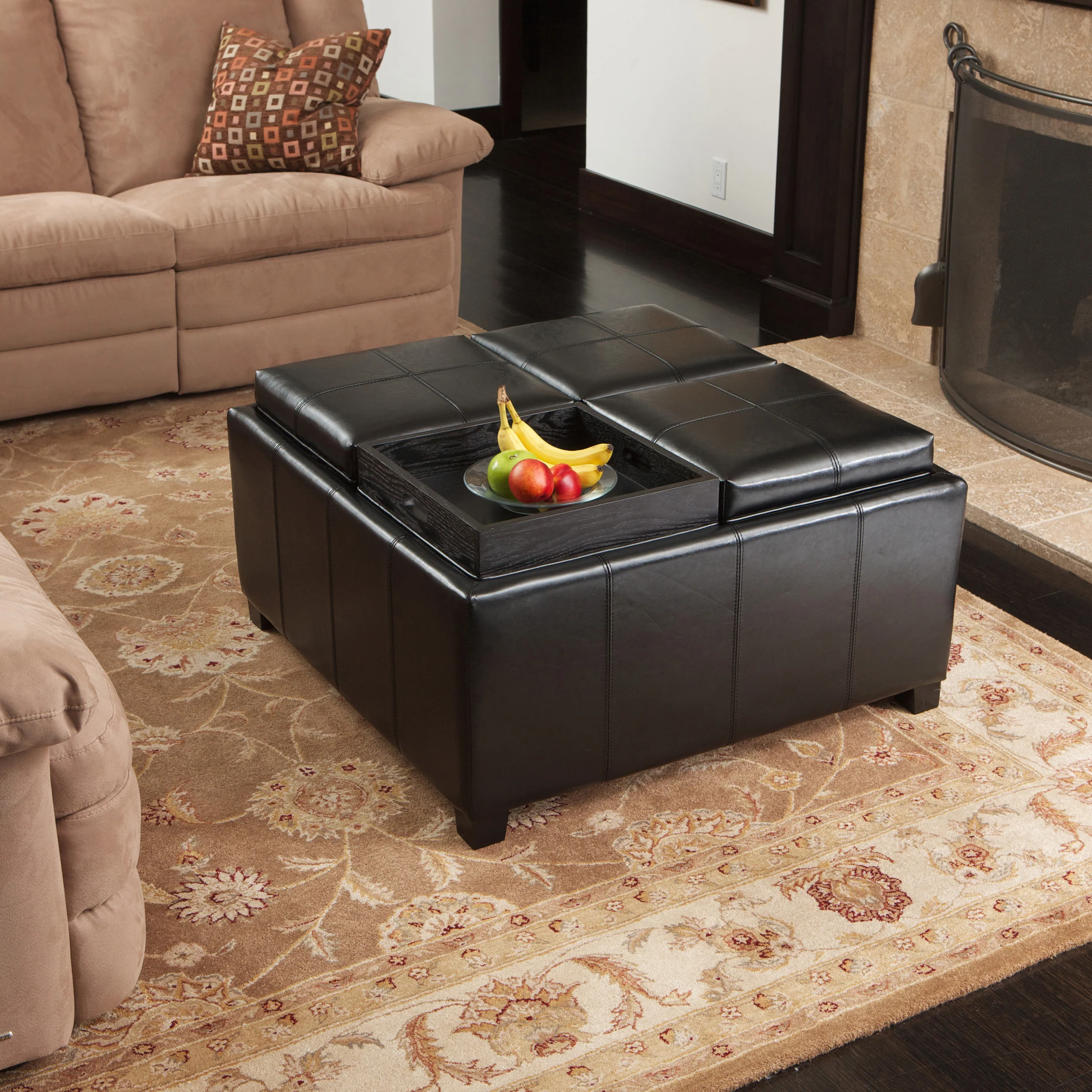 Harley Leather 4-Tray-Top Storage Ottoman Coffee Table - furnishings