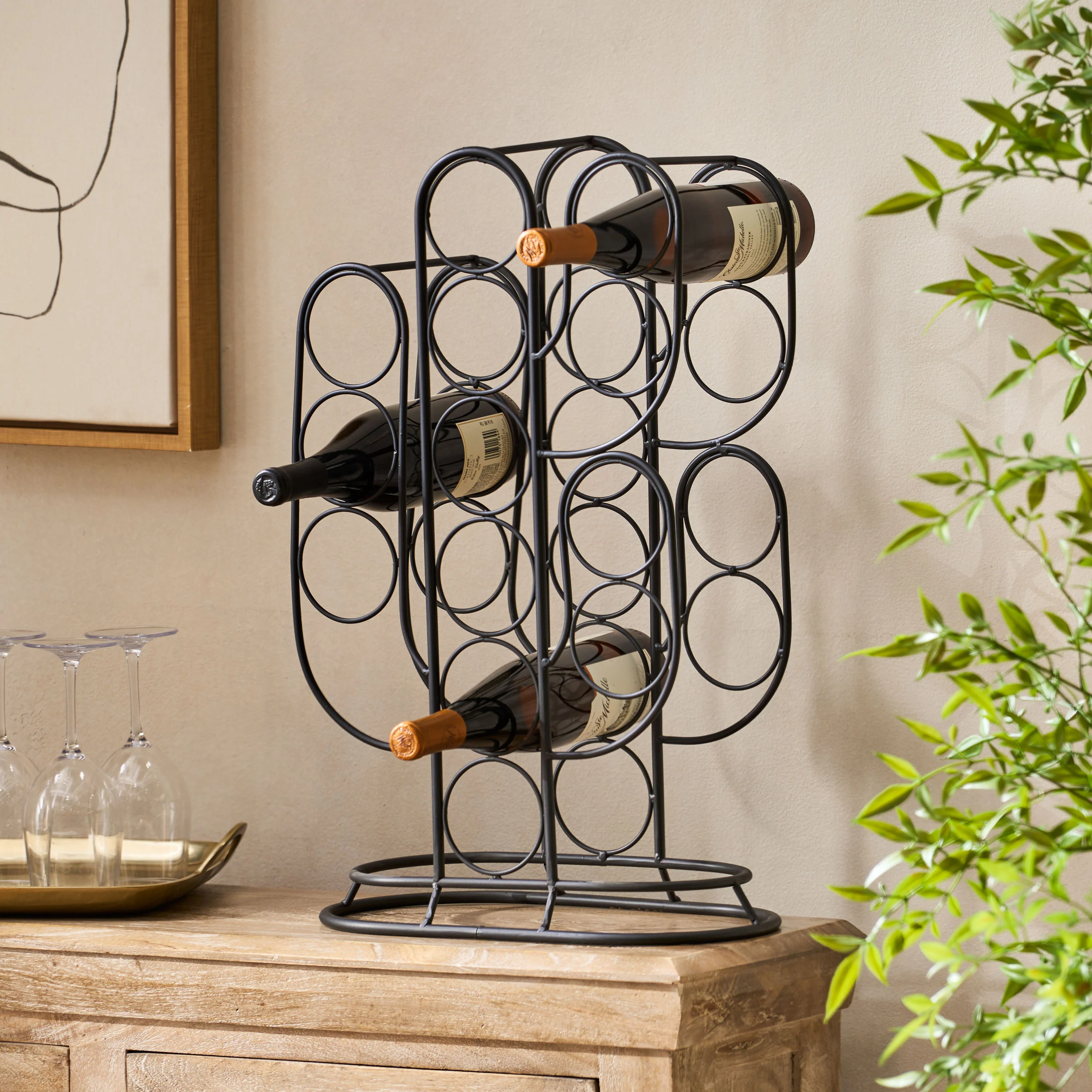 Fritsche Modern Industrial 13 Bottle Tabletop Cactus Wine Rack, Black - furnishings