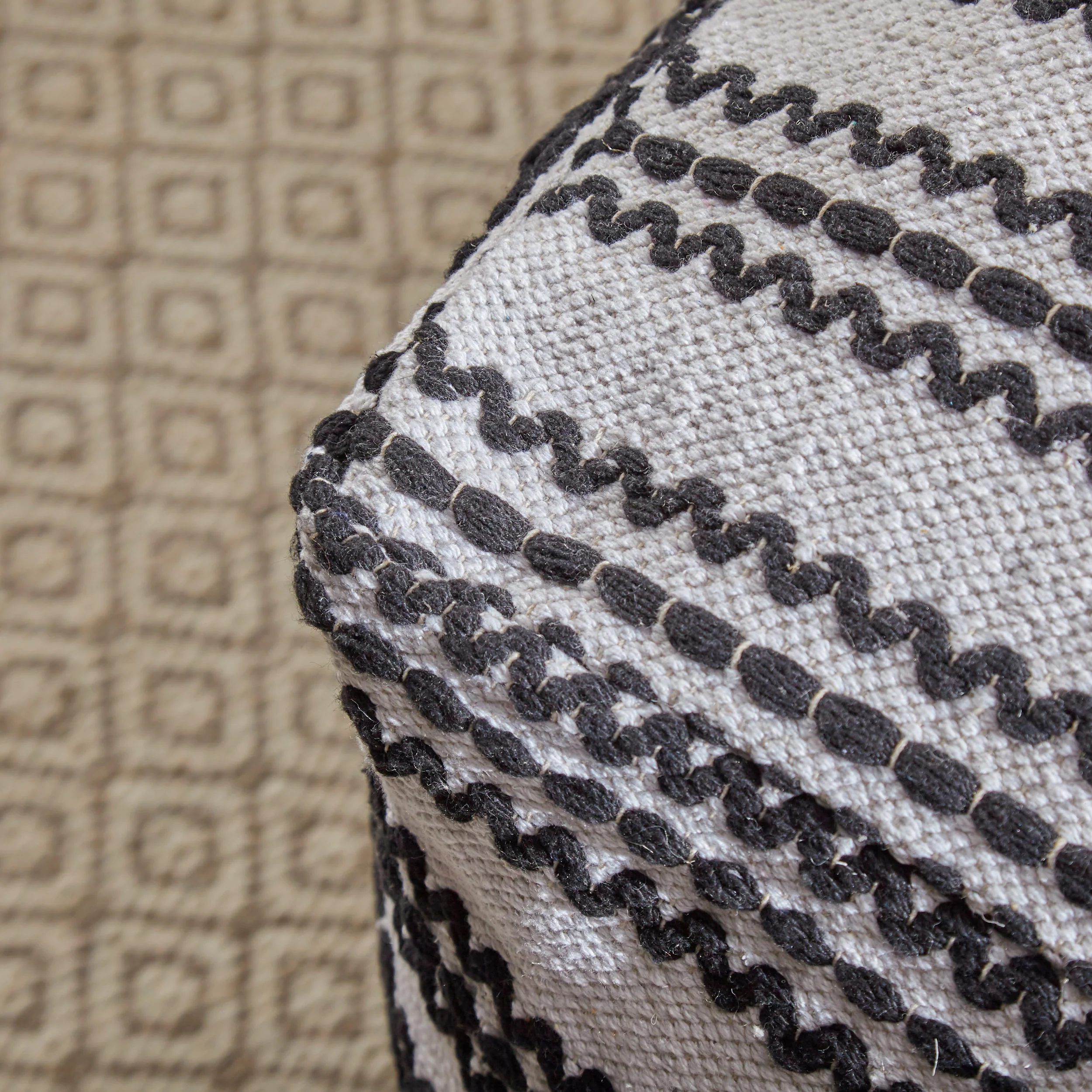 Lillian Large Square Casual Pouf, Contemporary, Black and Natural Cotton - furnishings