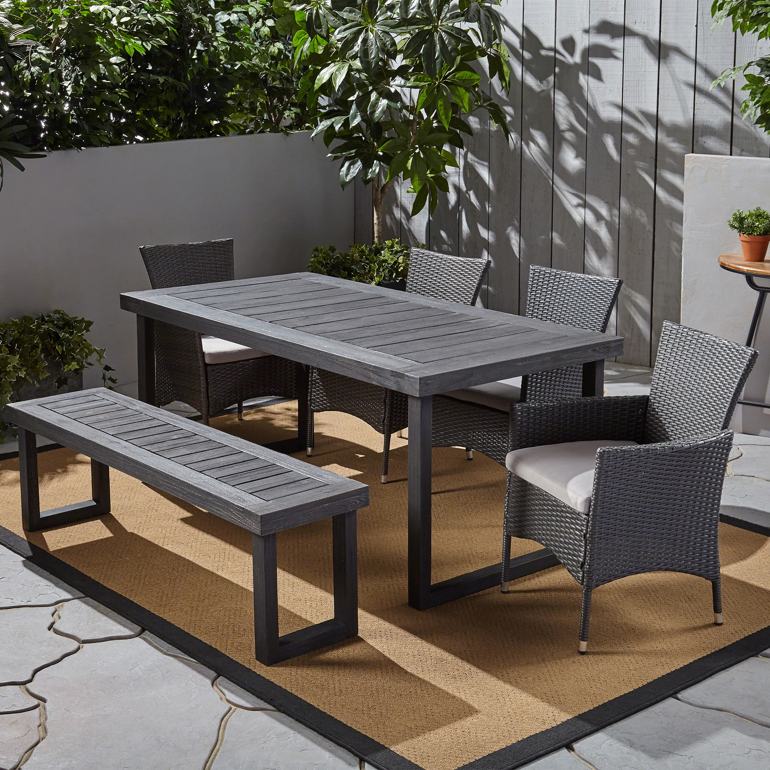 Agnes Outdoor 6-Seater Wood and Wicker Chair and Bench Dining Set - furnishings
