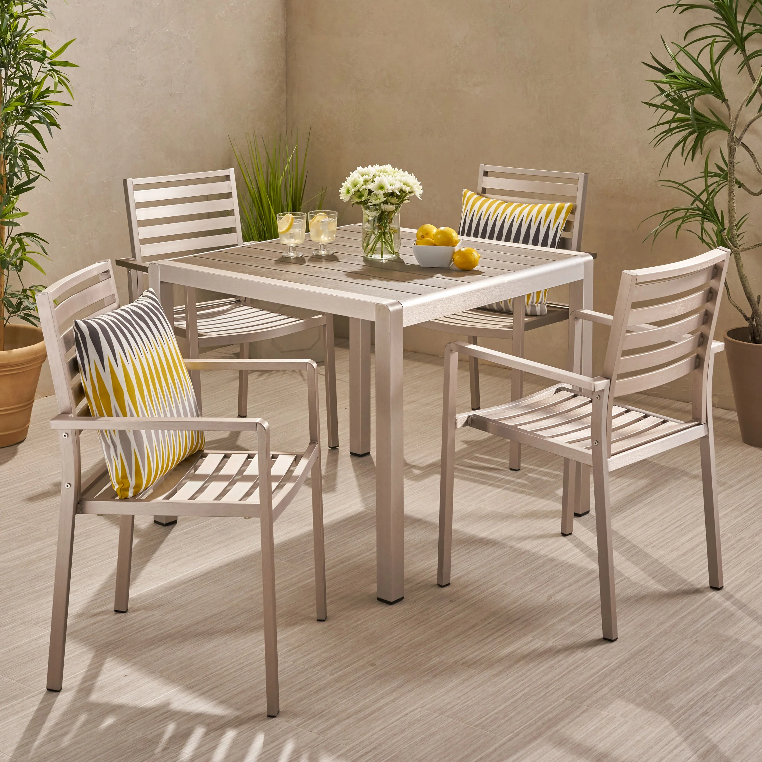 Cherie Outdoor Modern 4 Seater Aluminum Dining Set with Faux Wood Table Top - furnishings