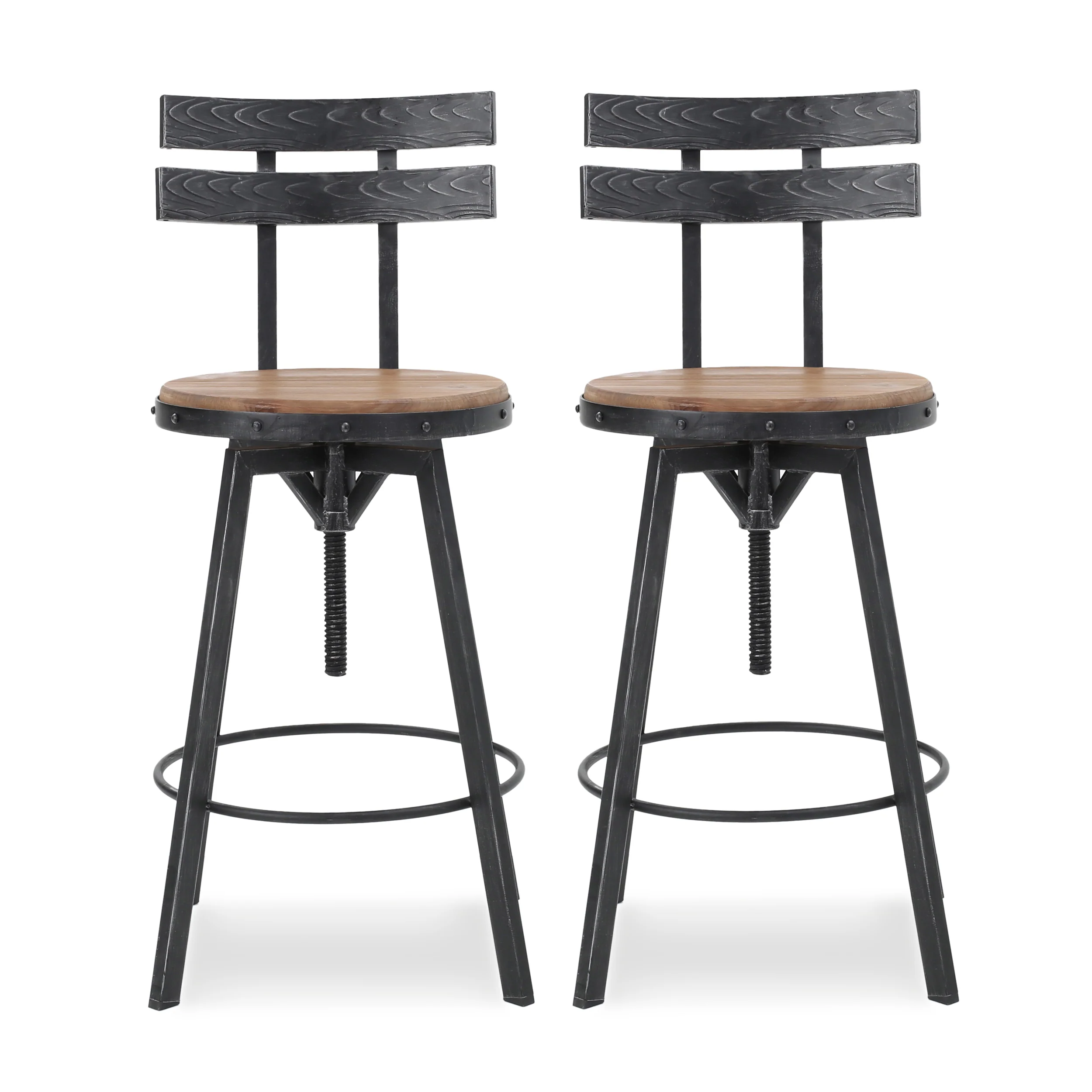 Theo Modern Industrial Firwood Adjustable Height Swivel Barstools, Set of 2, Natural and Black Brushed Silver - furnishings