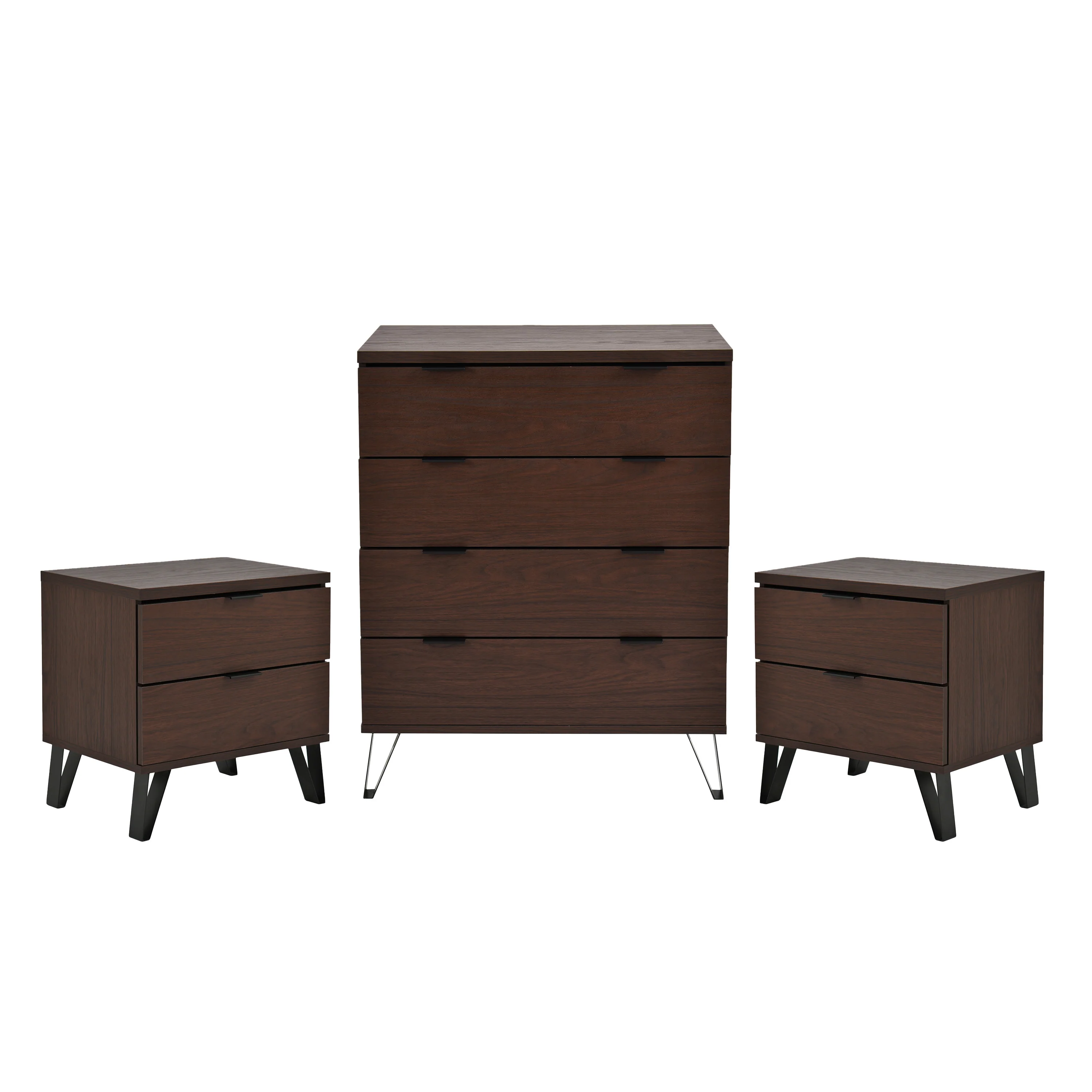 Demijen Modern Industrial 3 Piece 4 Drawer Dresser and Nightstand Bedroom Set, Walnut and Matte Black - furnishings