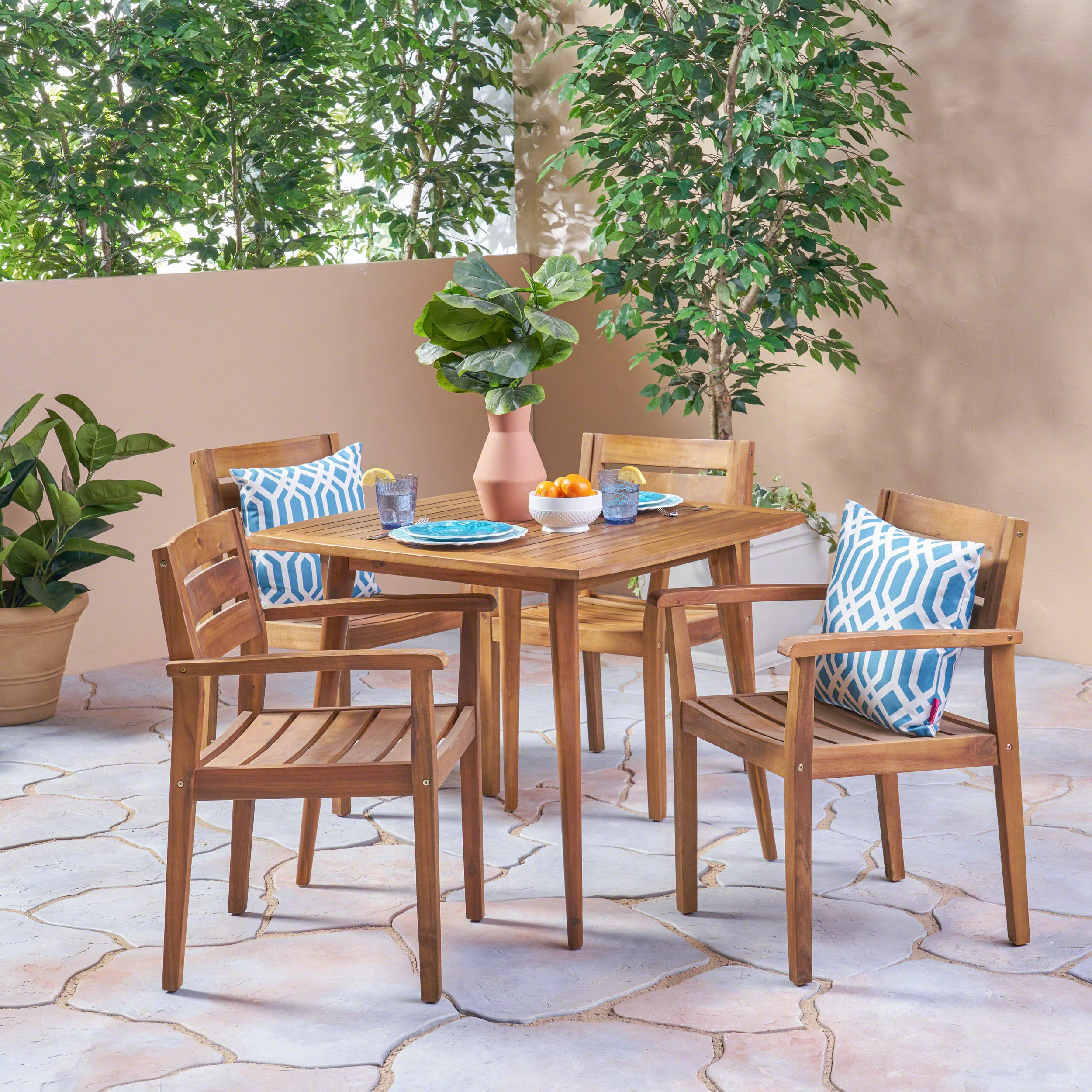 Solomon Outdoor 5 Piece Acacia Wood Dining Set, Teak - furnishings