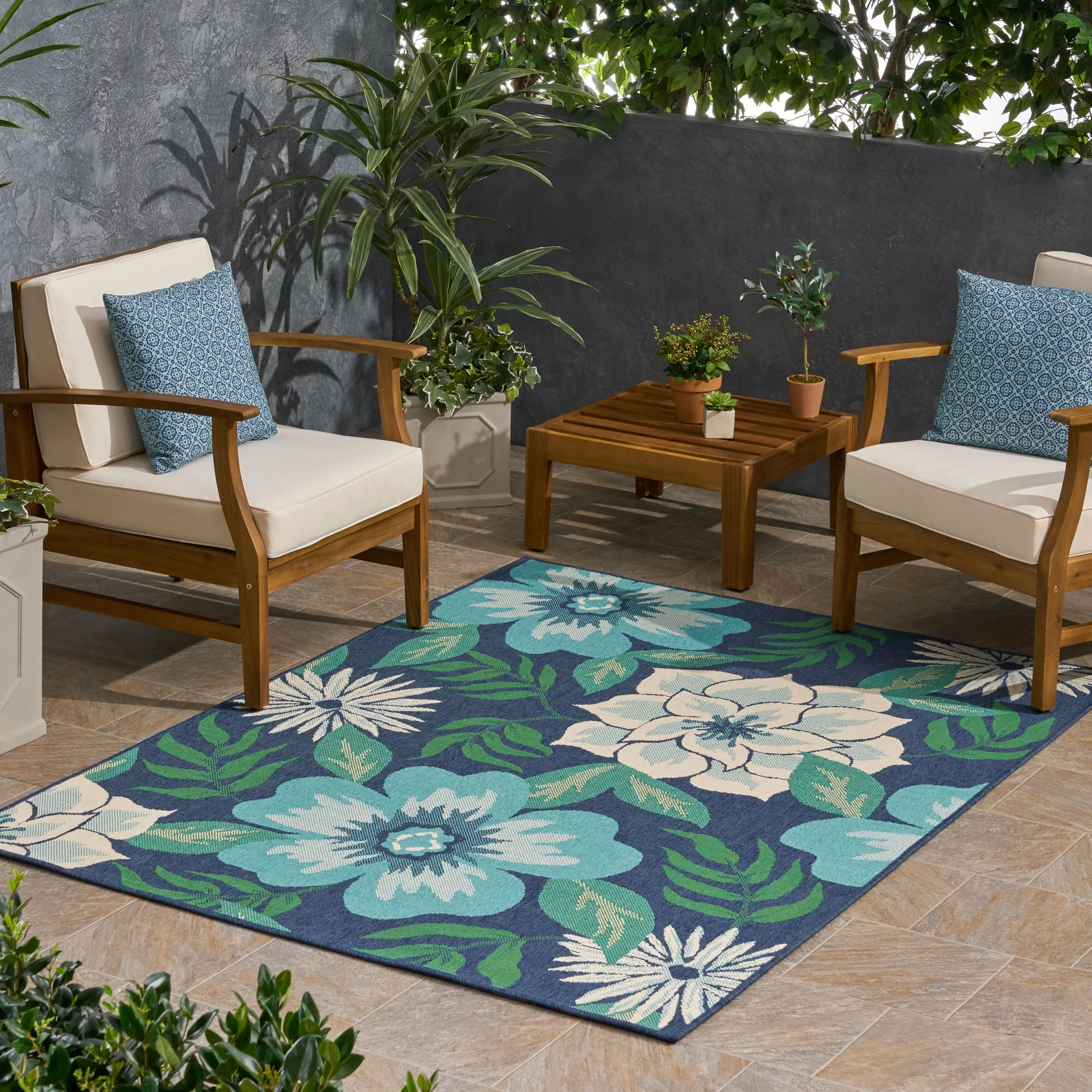 Truda Outdoor Floral Area Rug, Blue and Green - furnishings