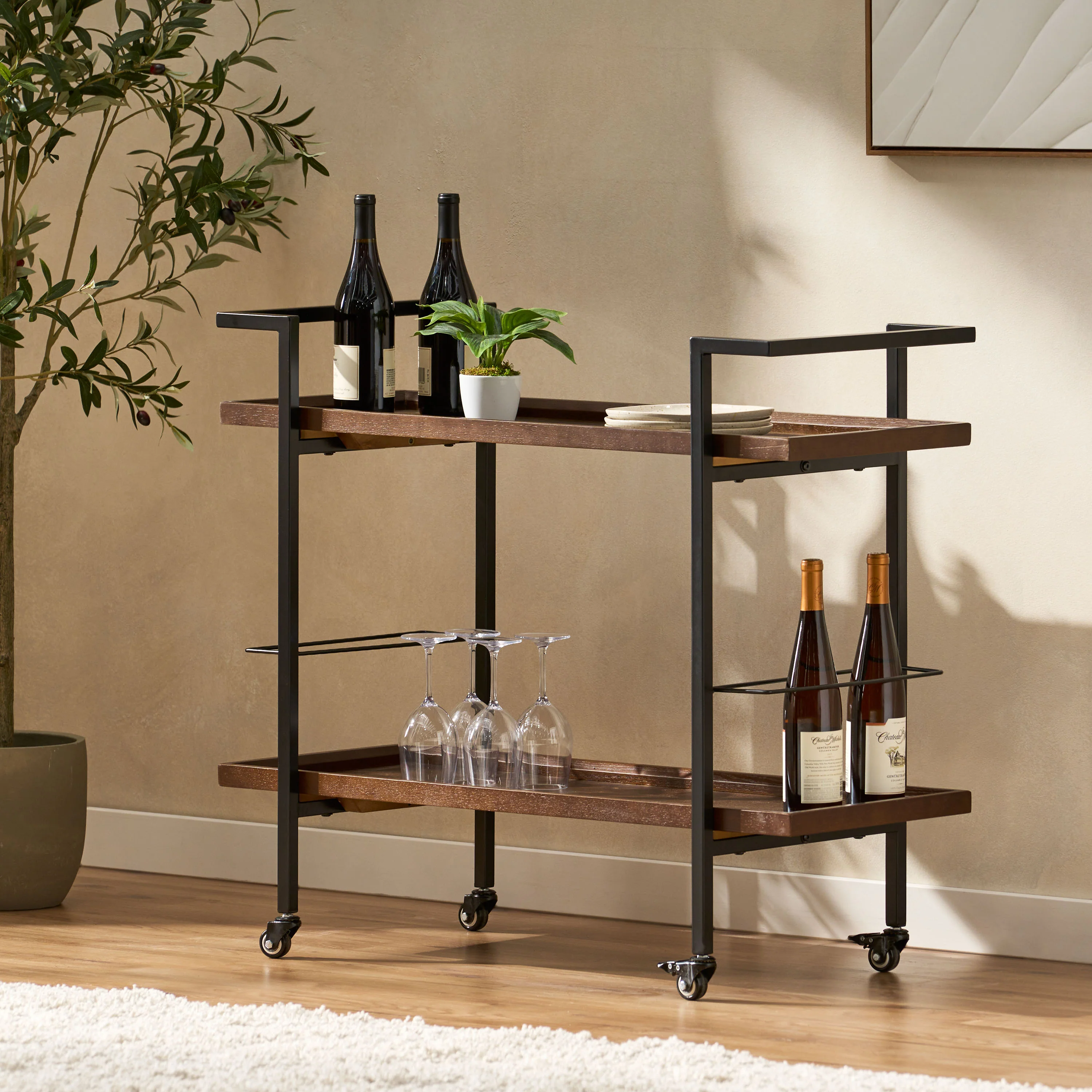 Gerard Modern Industrial Two Shelf Wood Finished Bar Cart with Rolling Casters - furnishings