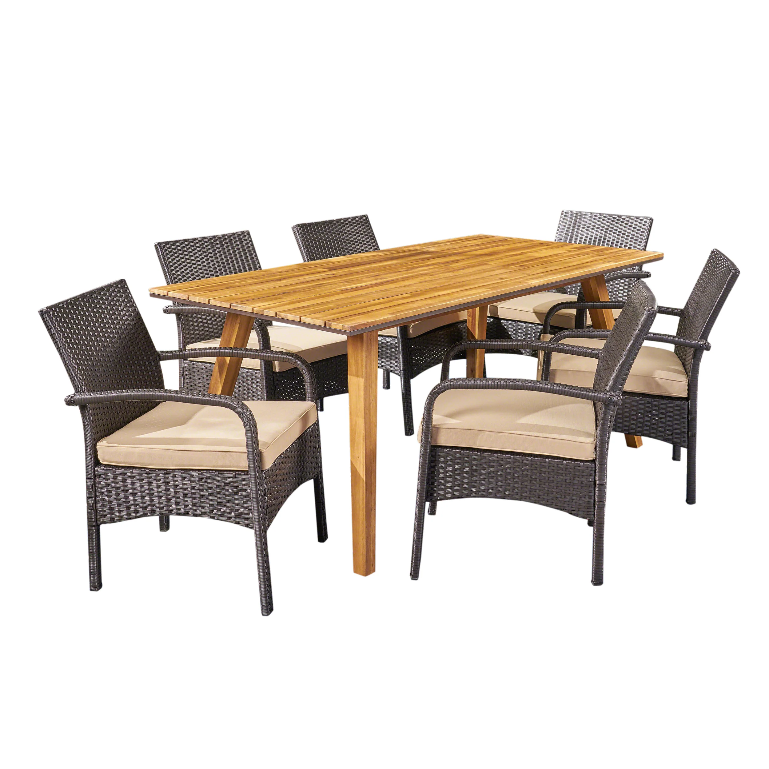 Elizabeth Outdoor 7 Piece Acacia Wood Dining Set with Wicker Chairs, Teak and Brown and Tan - furnishings